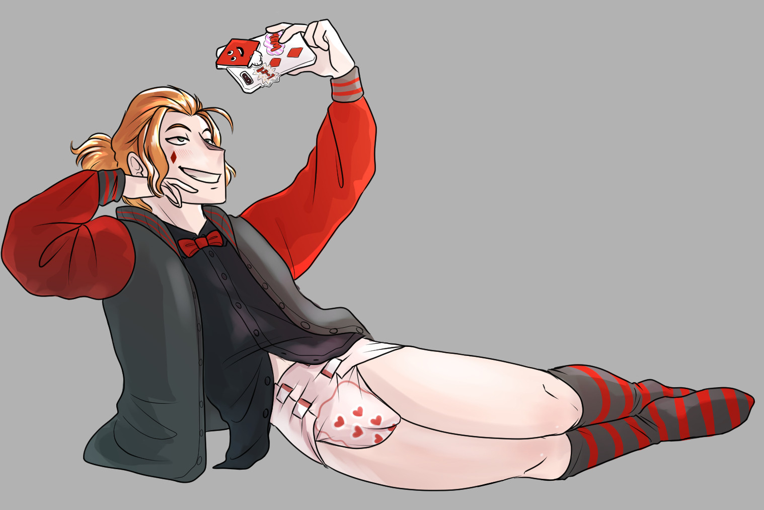 Fanart of Cater Diamond from the game Twisted Wonderland. He's in his outfit from his birthday jacket card, save for a diaper with a pink heart pattern, and knee high black socks with red stripes. He's reclining on his side, with one hand propping up his chin, as he takes a selfie with his phone, which has a decorated phone case.