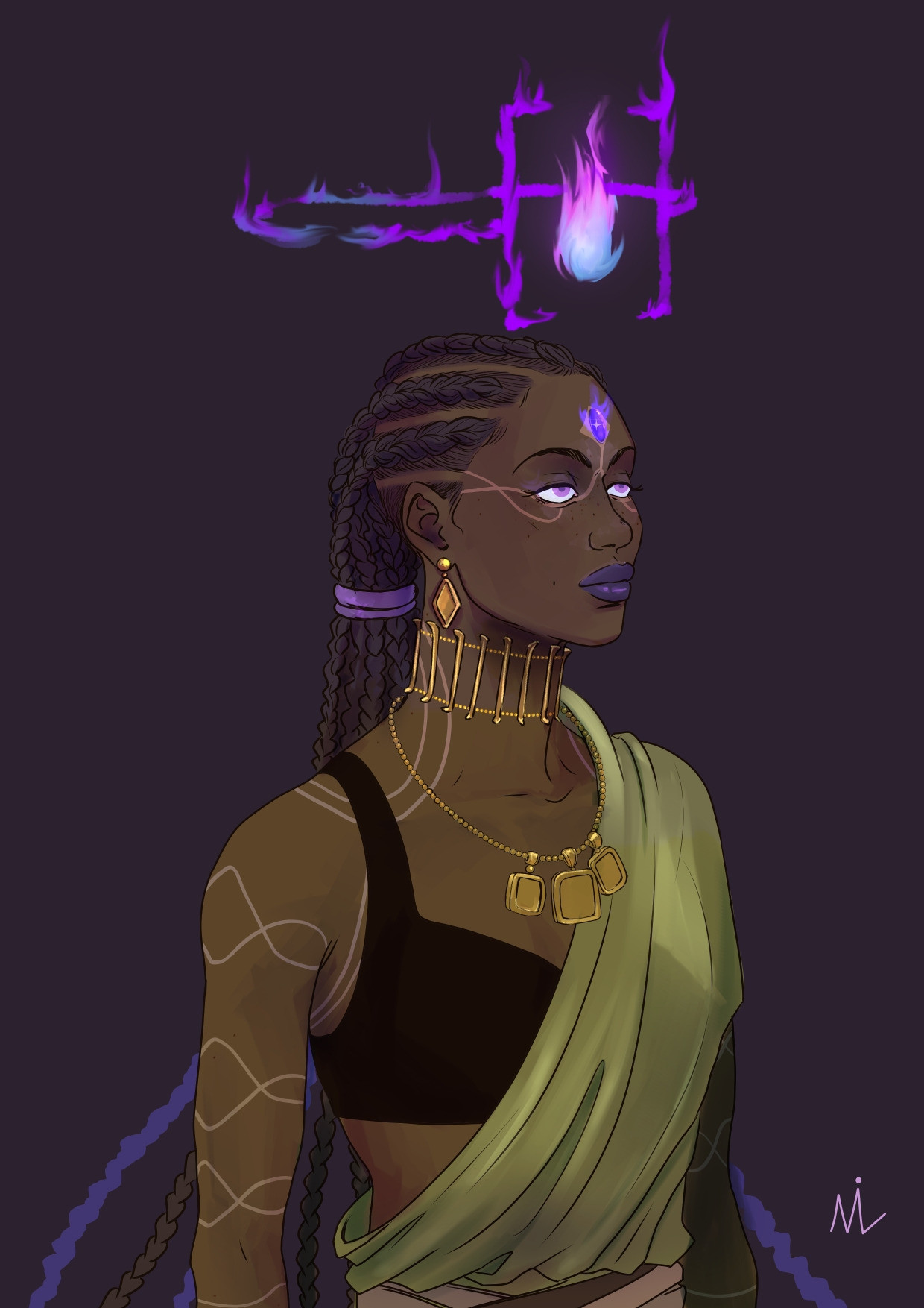 Fanart of the character White Chain from KSBD. A young beautiful black woman strands tall, adorned with jewelry and light colored tattoos. The stone embedded in her forehead gleams with power. 