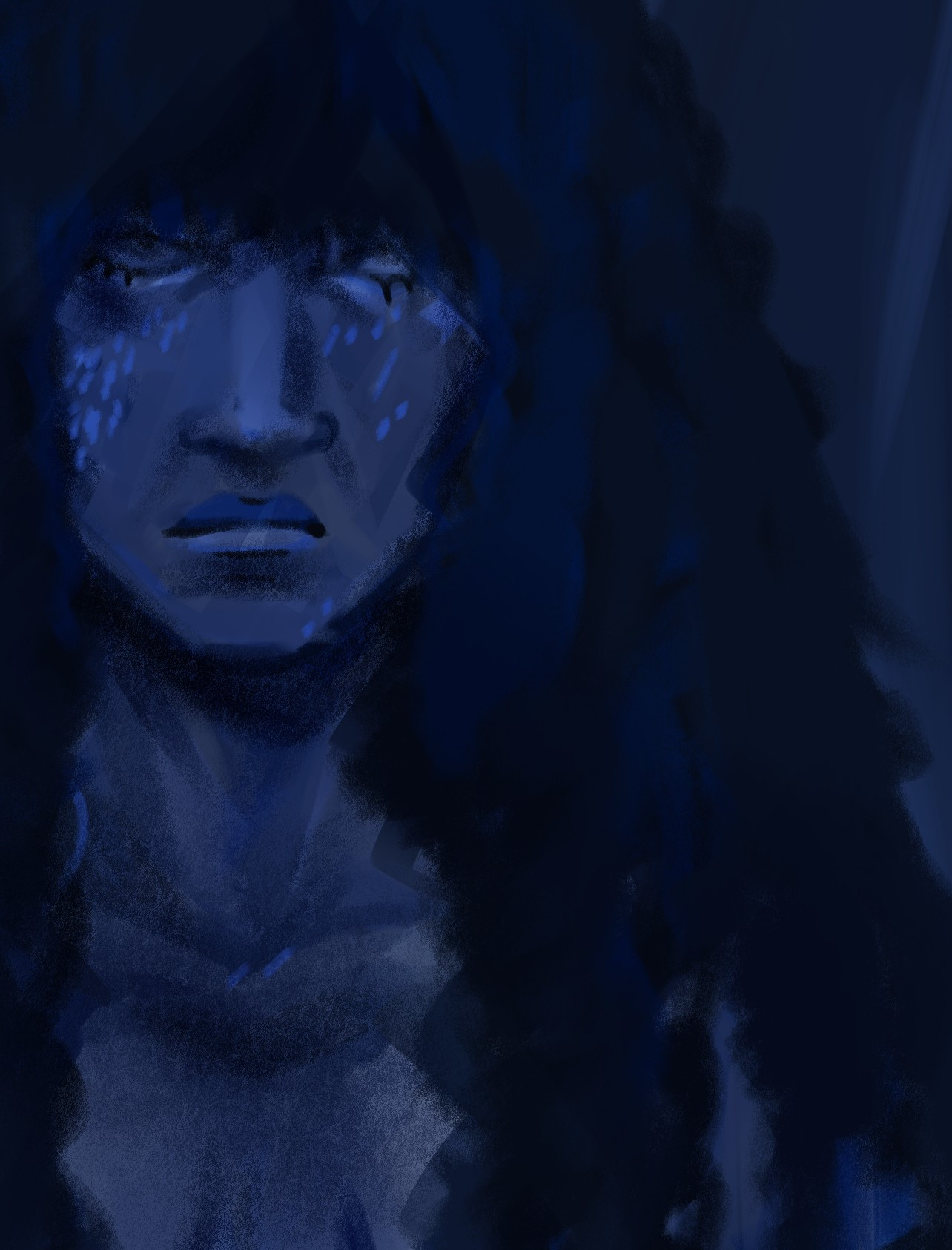 close-up on the face and curly hair of an older woman who looks severe if pissed. Dark blue tones dominate, with cold blue highlights across her cheeks, like feathers or scars or tears.