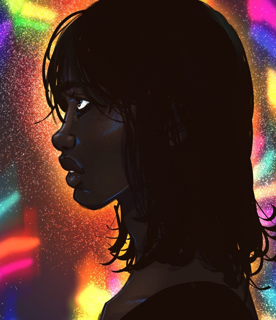 Side profile of a young person with dark skin and wavy black hair. The hazy background is reminiscent of stained glass.