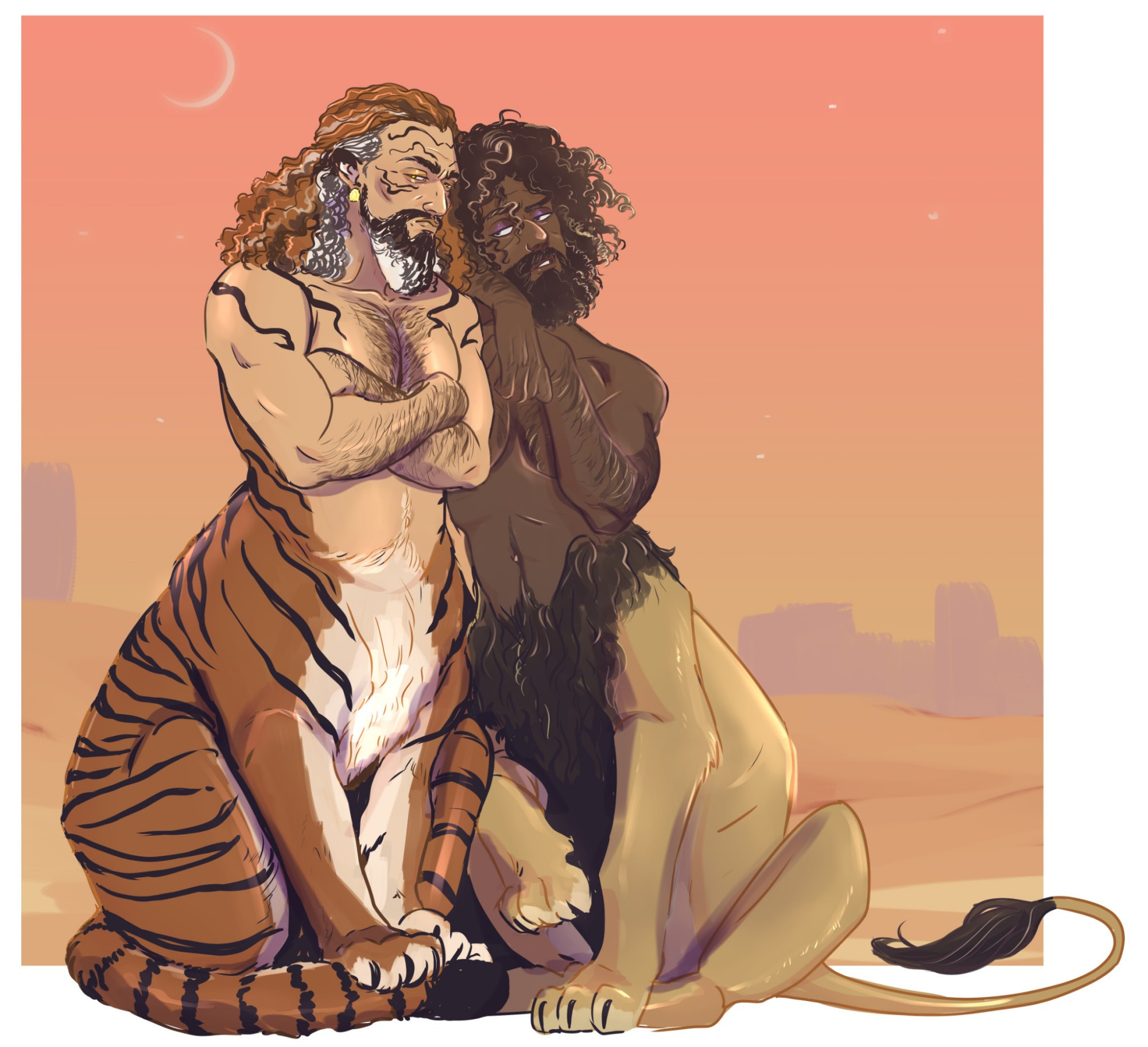 Two anthro creatures standing by each other against a desert landscape at dusk. A half lion half man leans against his tiger companion. 