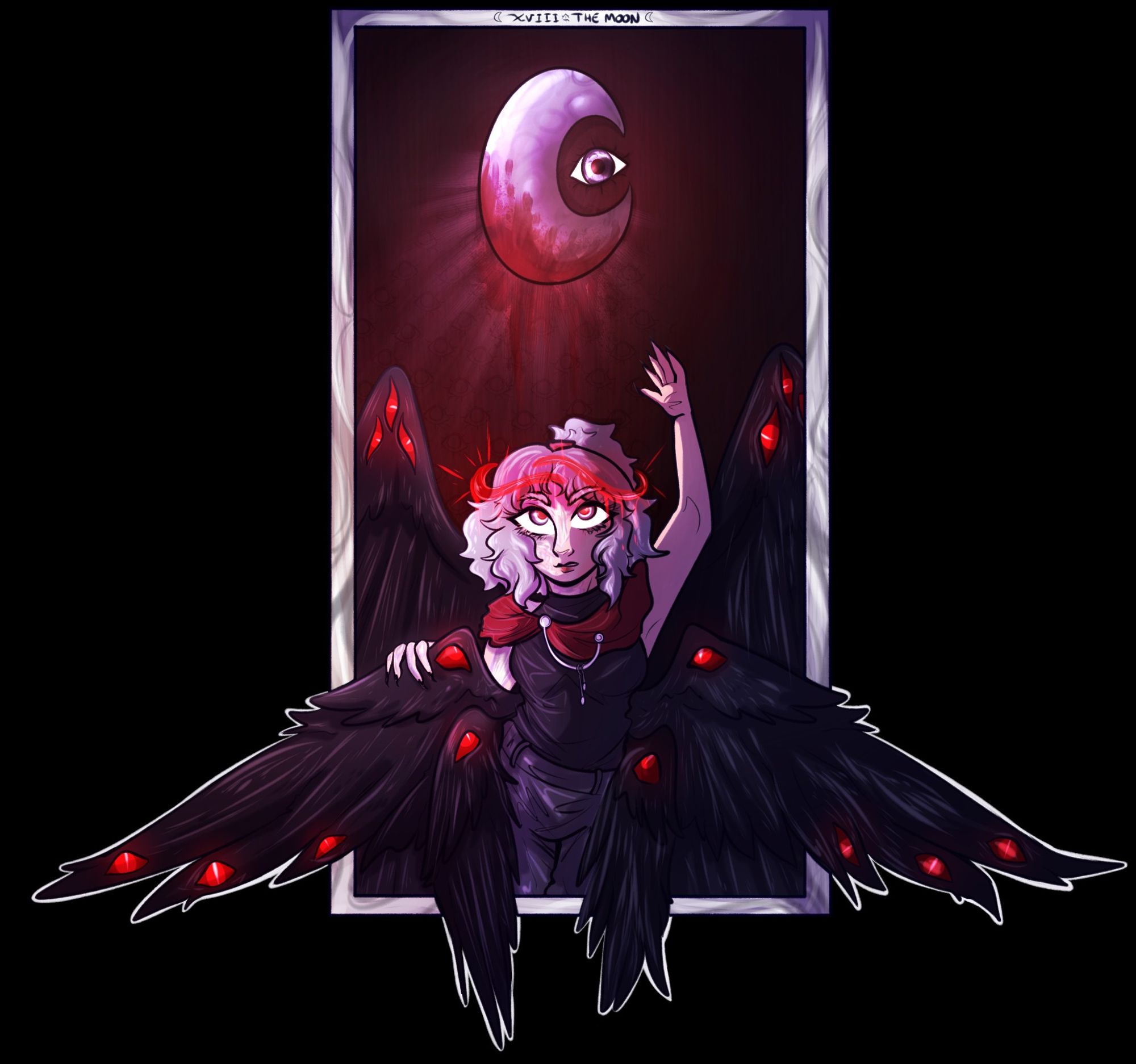 Central to the piece is a young woman with silver hair, a slightly transparent red broken halo, and three pairs of black wings that have various red eyes with white pupils- two pairs of her front most wings reach outside of the card's molten silver frame. She reaches towards a bloodstained crescent moon. There is an eye in the negative space of the crescent and a beam of light from the moon & eye covering only half of her body and wings. Where the moonlight touches her skin it turns somewhat transparent revealing the bones underneath.