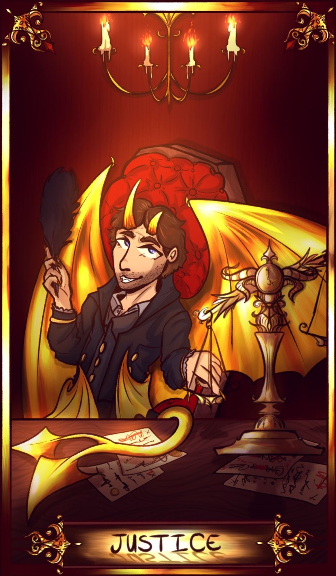 A gold themed Cambion with short dark hair and blue eyes (Carlyle) is sitting in a luxurious office and tipping a golden scale on a messy desk. The card is labeled Justice.