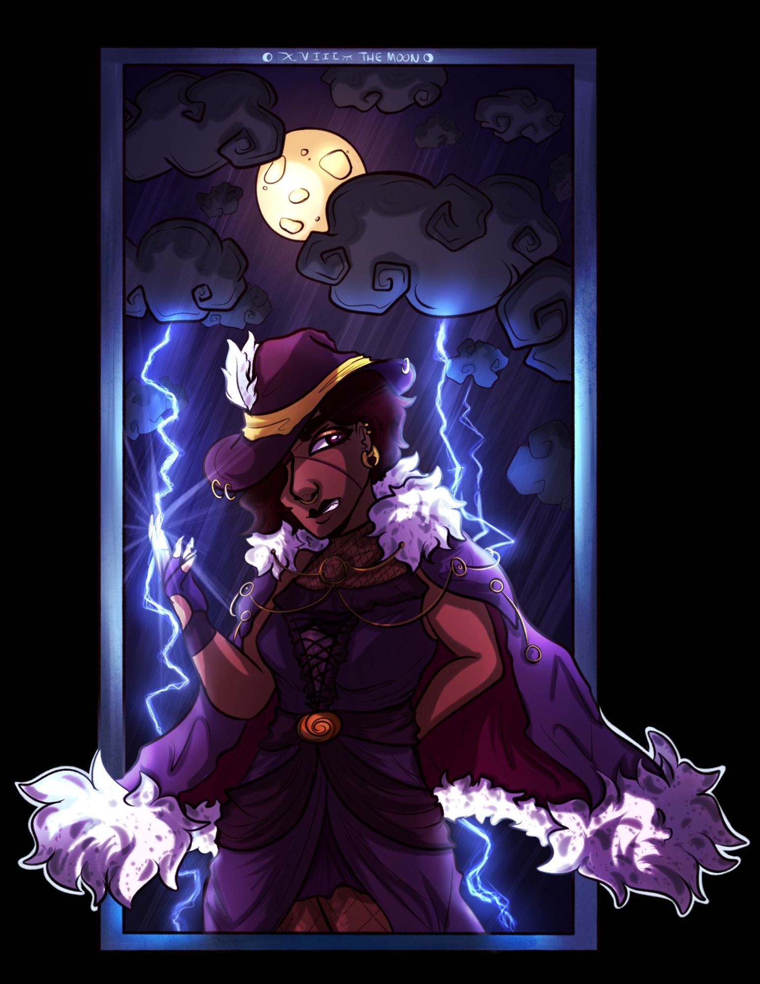 A tarot card labeled "The Moon". Philomena stands in front of a stormy sky, a full moon partially obscured by stylized storm clouds, with arcs of lighting illuminating her from behind. She reaches out a hand as if she's channeling the lighting itself and hides the other arm behind her. She wears a dark purple dress and a short but theatrical cape with speckled white fur around the collar and the ends that flares out of the steel-like frame of the card.