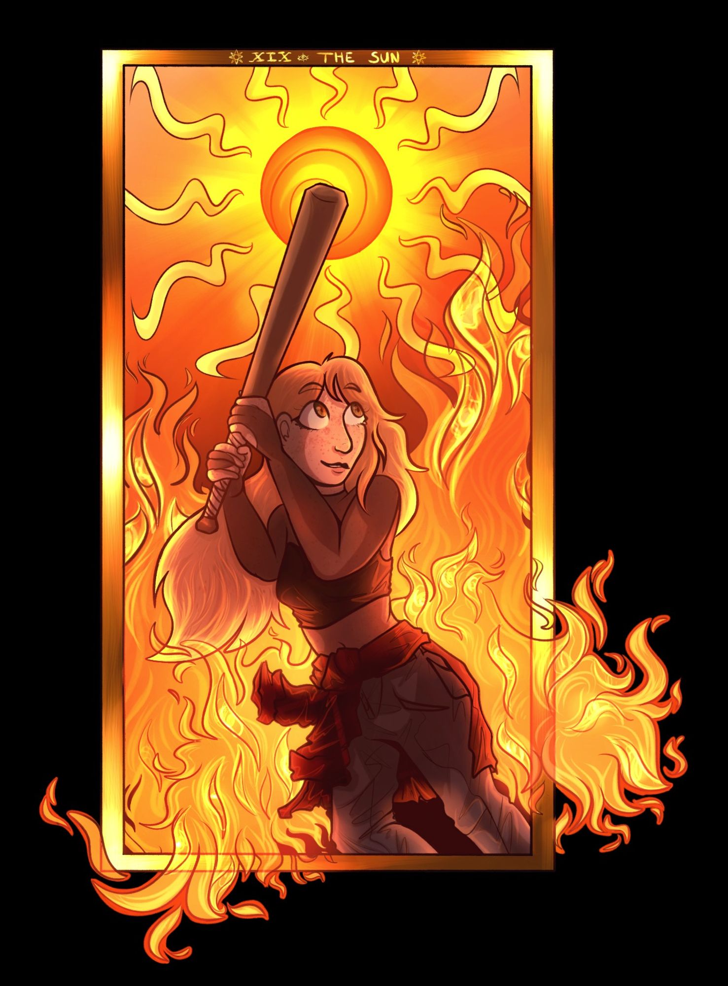 A young woman with wings of fire holding a baseball bat up to a stylized sun