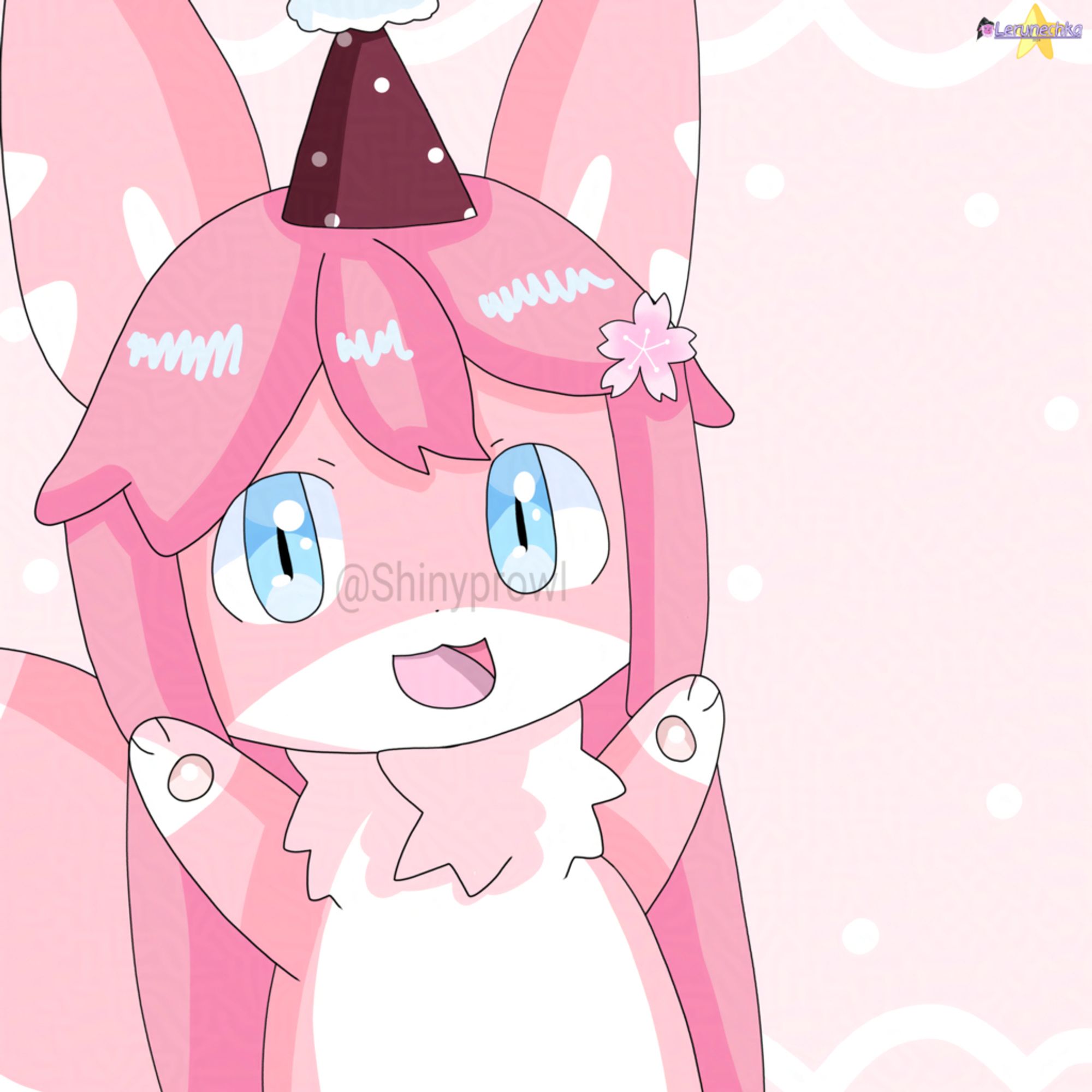 A drawing of a pink hybrid spider/bunny with long darker pink hair and blue eyes, wearing a dark-red birthday hat with white dots.