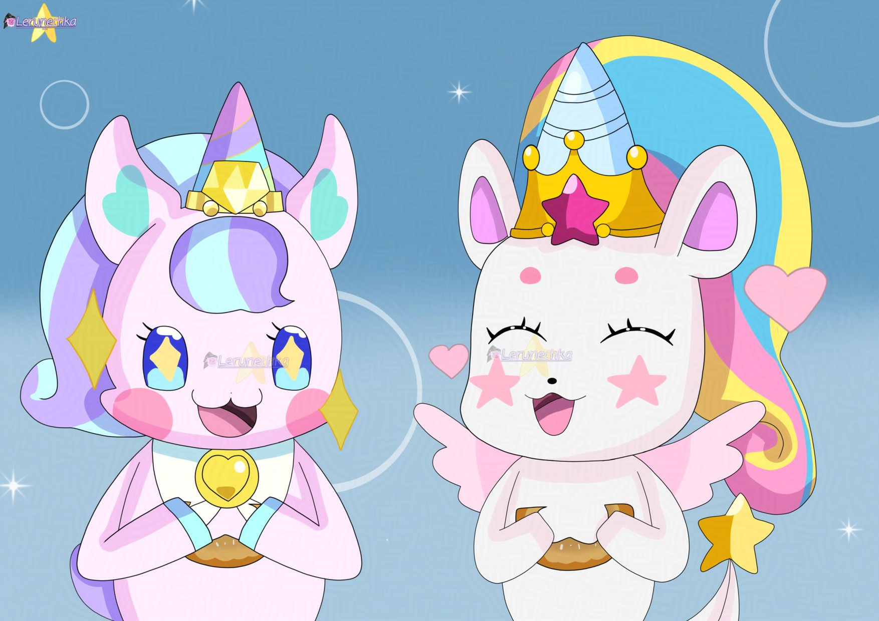 A drawing of a two small unicorns. One is pink with purple hair dyed cyan with multicolored (pink, purple, cyan and light green) horn, wears a yellow crown with jewel and has purple tail. The other one is white, wears a yellow crown with dark pink star, has light blue horn and multicolored (pink, yellow and blue) hair and pink wings, has white tail with yellow star at the tip. Both of them are eating star-shaped donuts.

Blue background with white circles and sparkles.