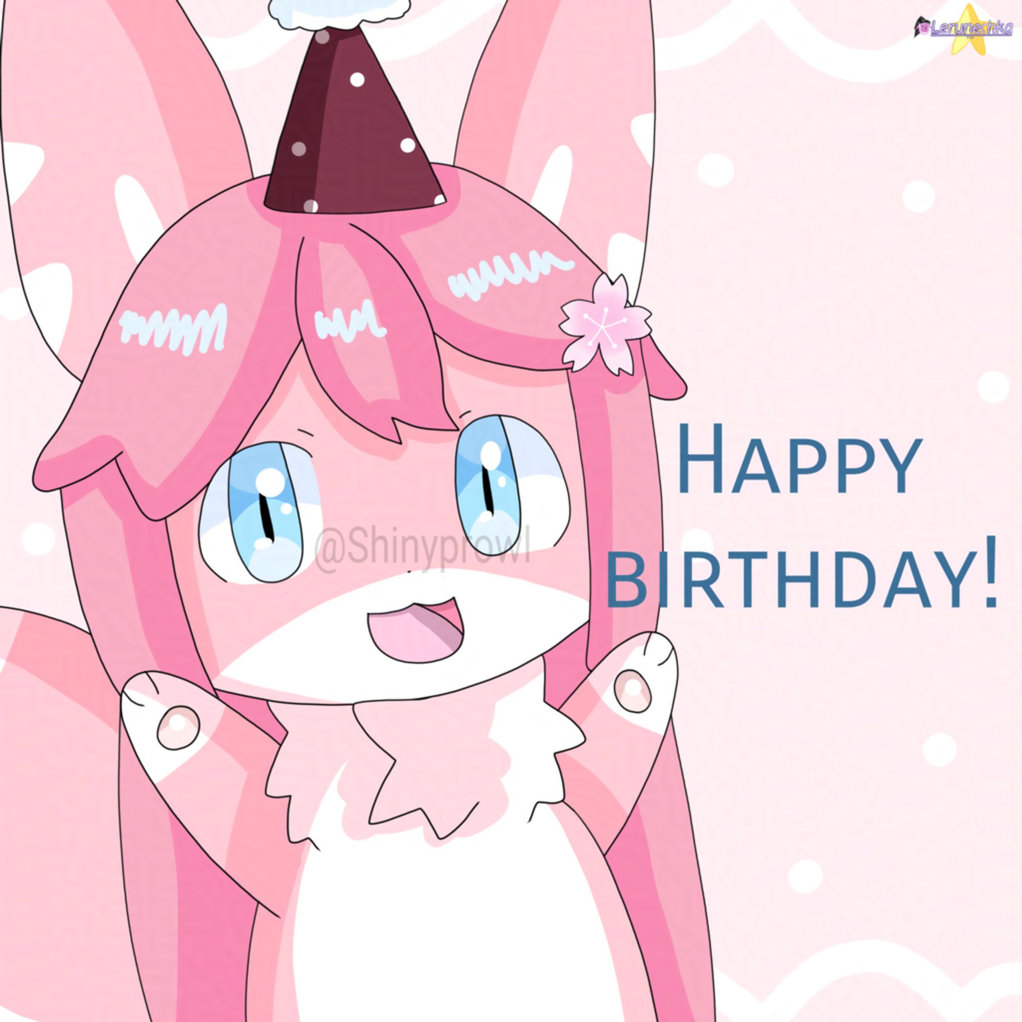 A drawing of a pink hybrid spider/bunny with long darker pink hair and blue eyes, wearing a dark-red birthday hat with white dots.

Text: Happy birthday!