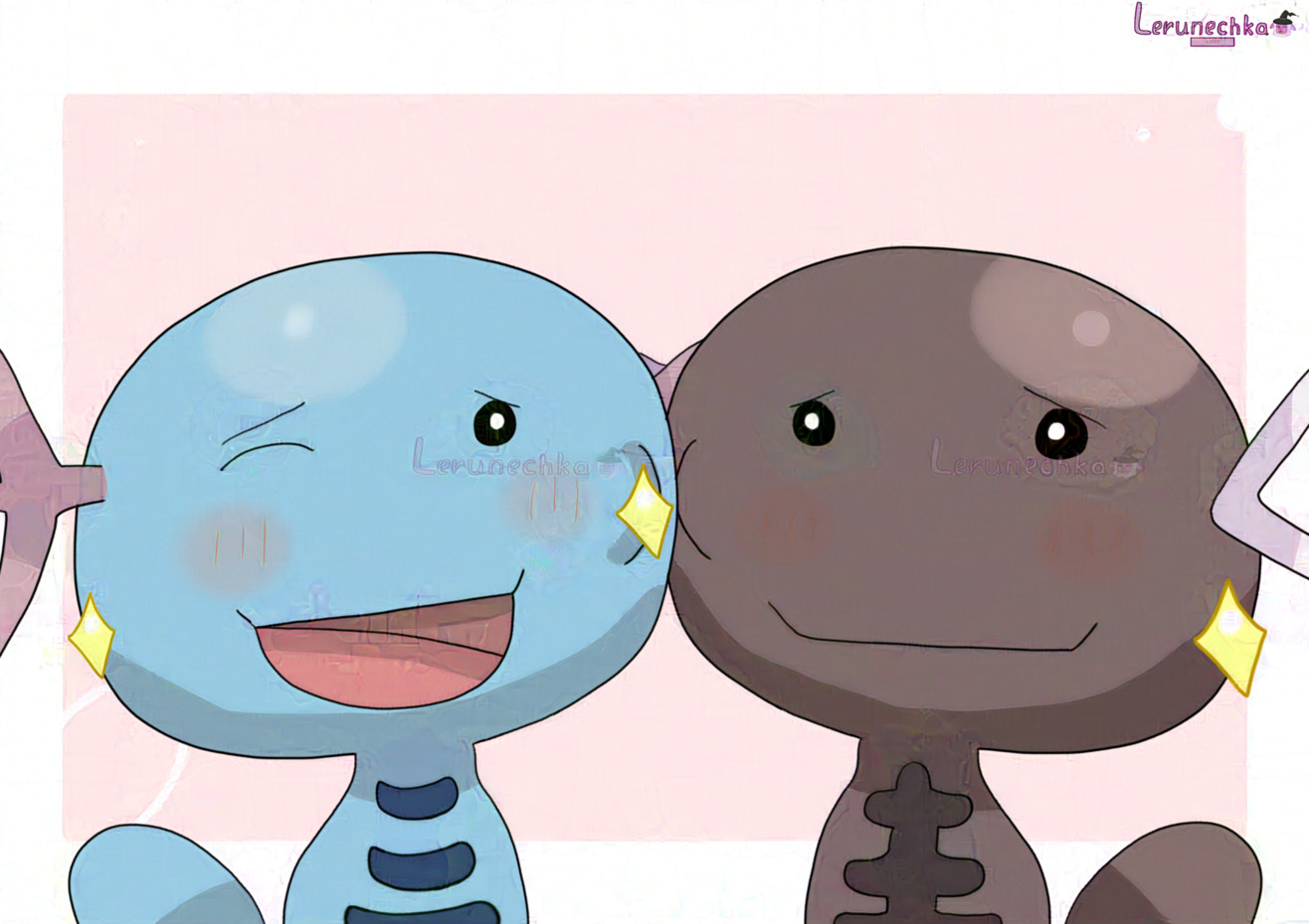 A drawing of two Woopers (axolotls), one is light blue with purple antennas and the other one is brown with lighter purple antennas, nuzzling cheeks. White background with pink square.