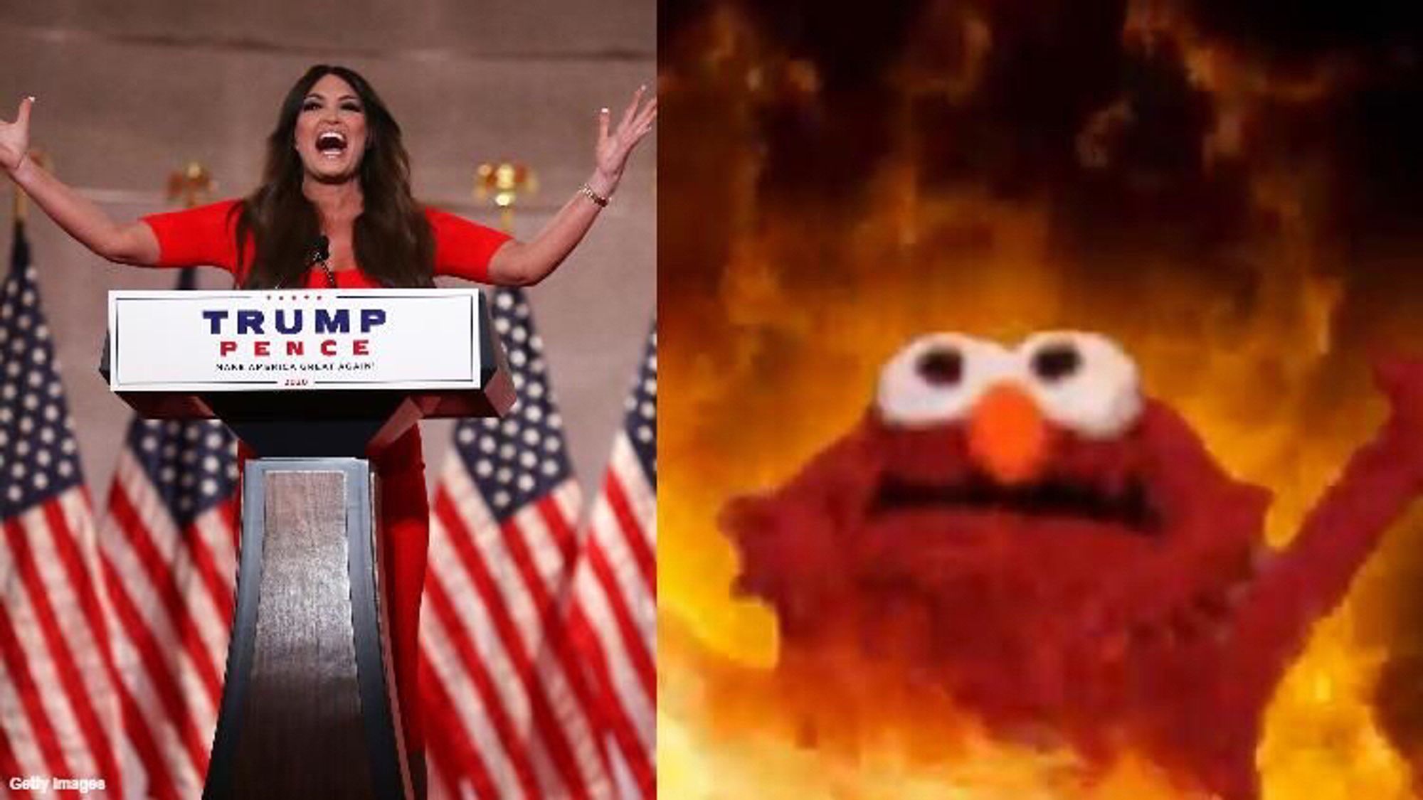 Left: Kimberly Guilfoyle, raising her arms during her ‘the best is yet to come!’ Speech. Right: Elmo in fire with arms up, raised, looking like Kimberly gargoyle.