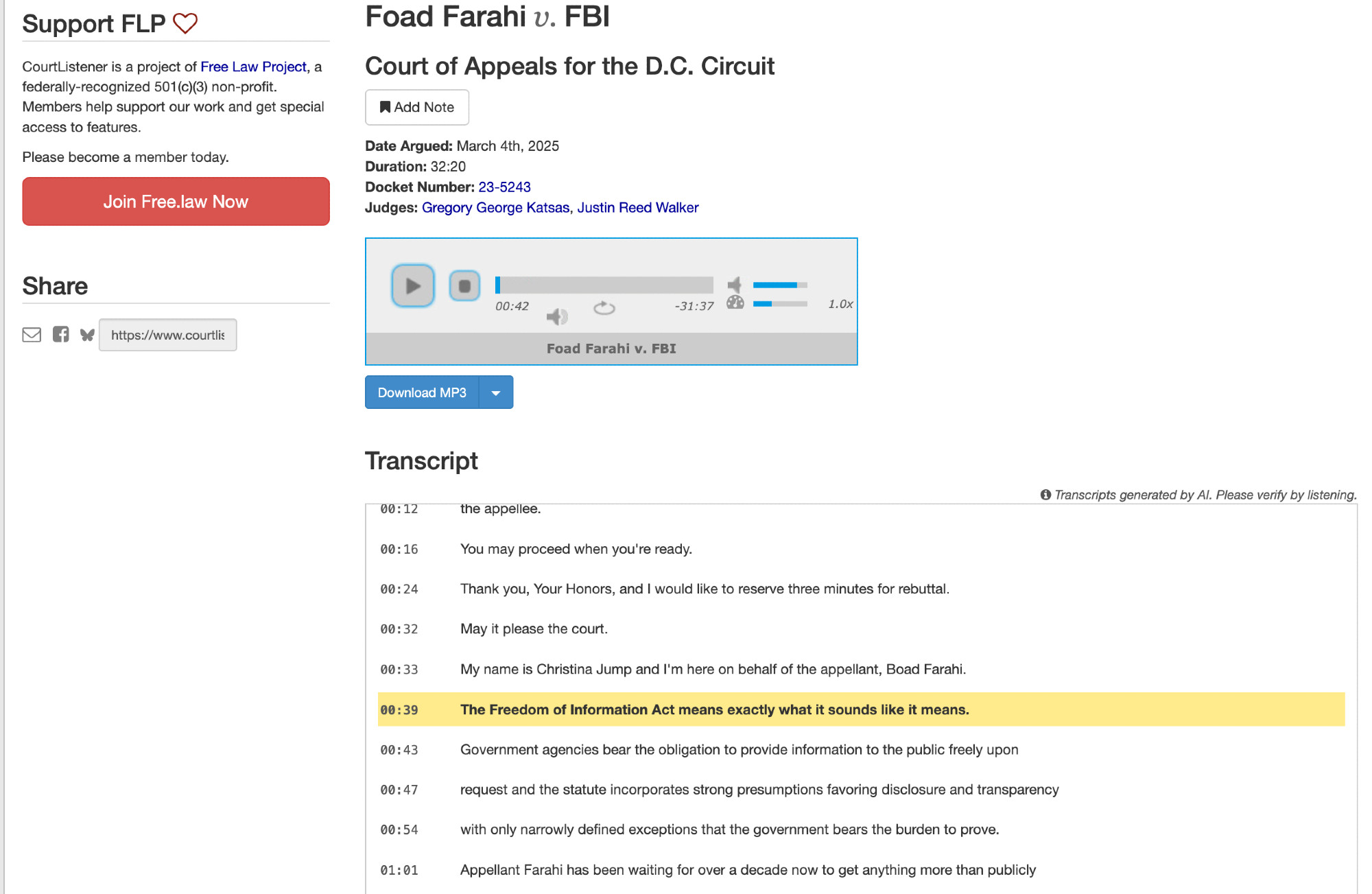 Screenshot of the search function on courtlistener.com of the court's oral arguments. The audio player is above and transcript below.