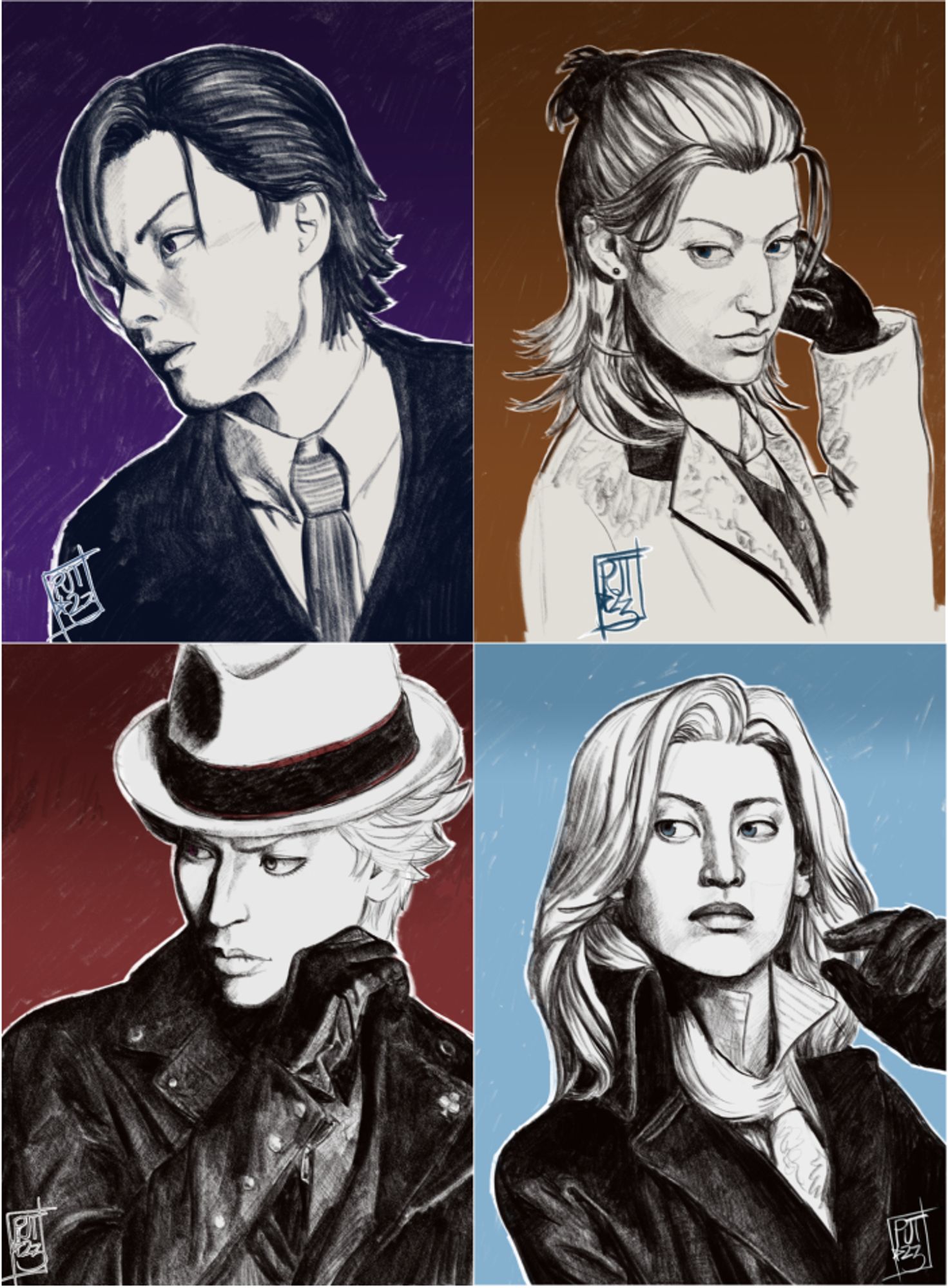 Four digital portraits of the main cast of Joker Trap. Each one is done in pencil, with the color of the character as the background. From the upper left, clockwise: Toki looking off to the right, in a suit, purple background; Ren raising an eyebrow at the camera, one hand to his face, orange background; Camus, looking haughtily to his right, in a leather coat with high collar, ice blue background; Ran, in a white fedora with a black band and a black leather coat and gloves, looking to his left, dark red background.