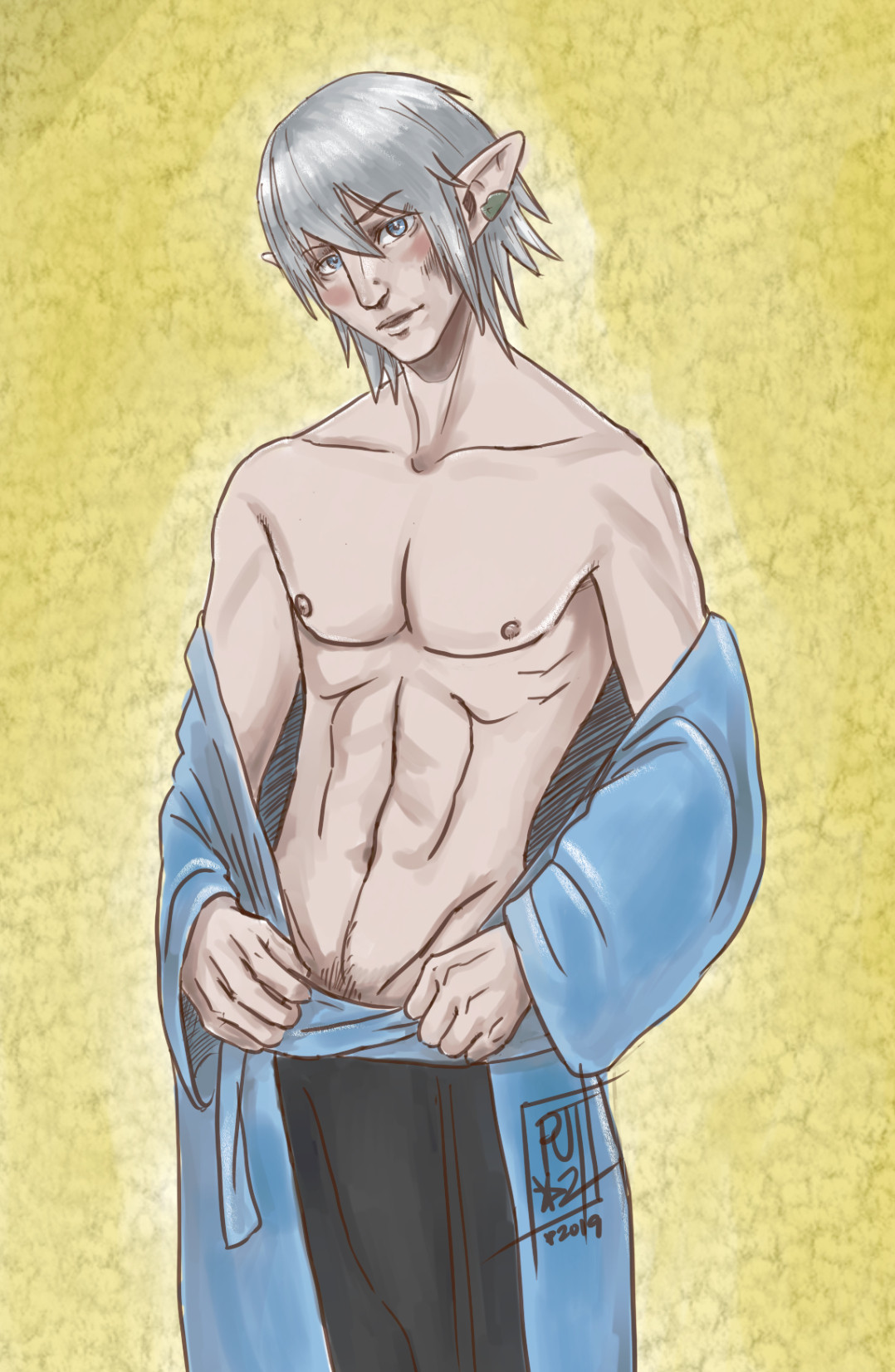 Digital drawing of Haurchefant Greystone, a tall Elezen man with pointed ears and short-ish spiky silver hair. He has blue eyes and pale skin, and he wears a silk robe, the belt of which he's either in the process of tying or untying. His shoulders and chest are exposed, as well as just a hint of lower belly hair. He has a faint blush on his cheeks, his head tilted a little to the side as he looks almost shyly at the viewer. The background is a soft gold.