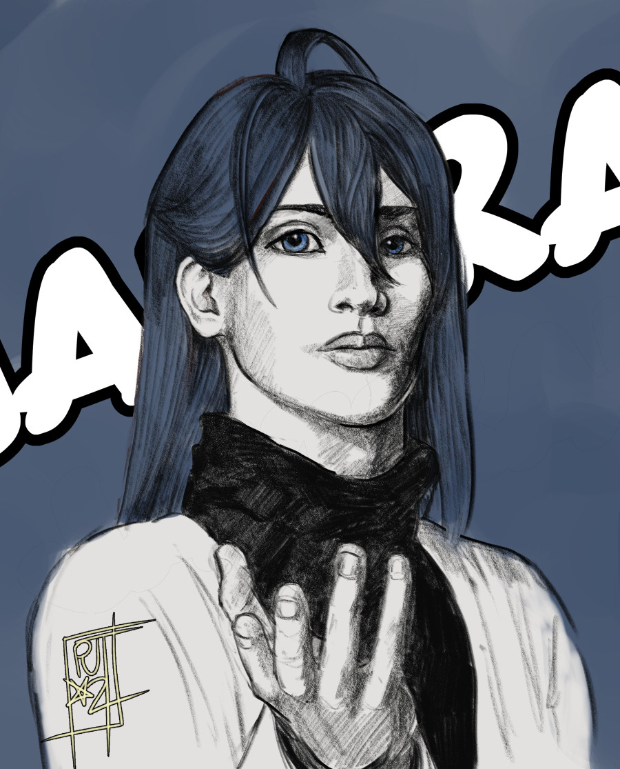 Digital pencil drawing of Kohatsu Allen in costume as Jinguji Jakurai from the Hypnosis Mic stage play. He has very long, straight slate-blue hair with one bang coming down between his eyes, one lock springing up from the crown of his head, and a couple of shorter locks curving in different directions. He faces the camera, his head raised, his right hand extended toward the viewer. He wears a black turtleneck with a long white coat over it. The background is the same color as his hair.