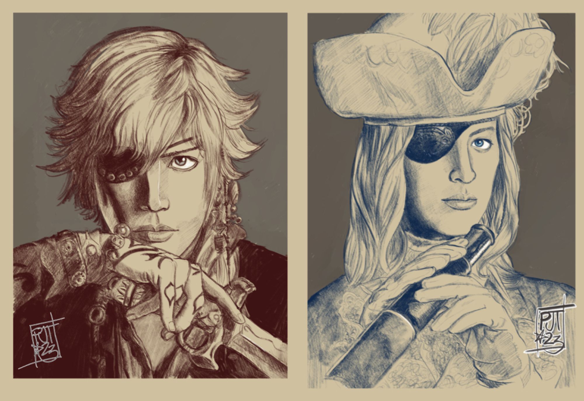 Two digital portraits of characters from Pirates of the Frontier, done in pencil with gray backgrounds, cream for the main paper color, and white highlights. On the left, Malraux, a man with silver spiky hair and an eyepatch, looks straight into the camera with a dagger held up near his face. On the right the White Devil wears a fancy hat and brocade jacket with a high collar; he has long blond hair and an eyepatch, and he holds a spyglass as if he'd just been using it.