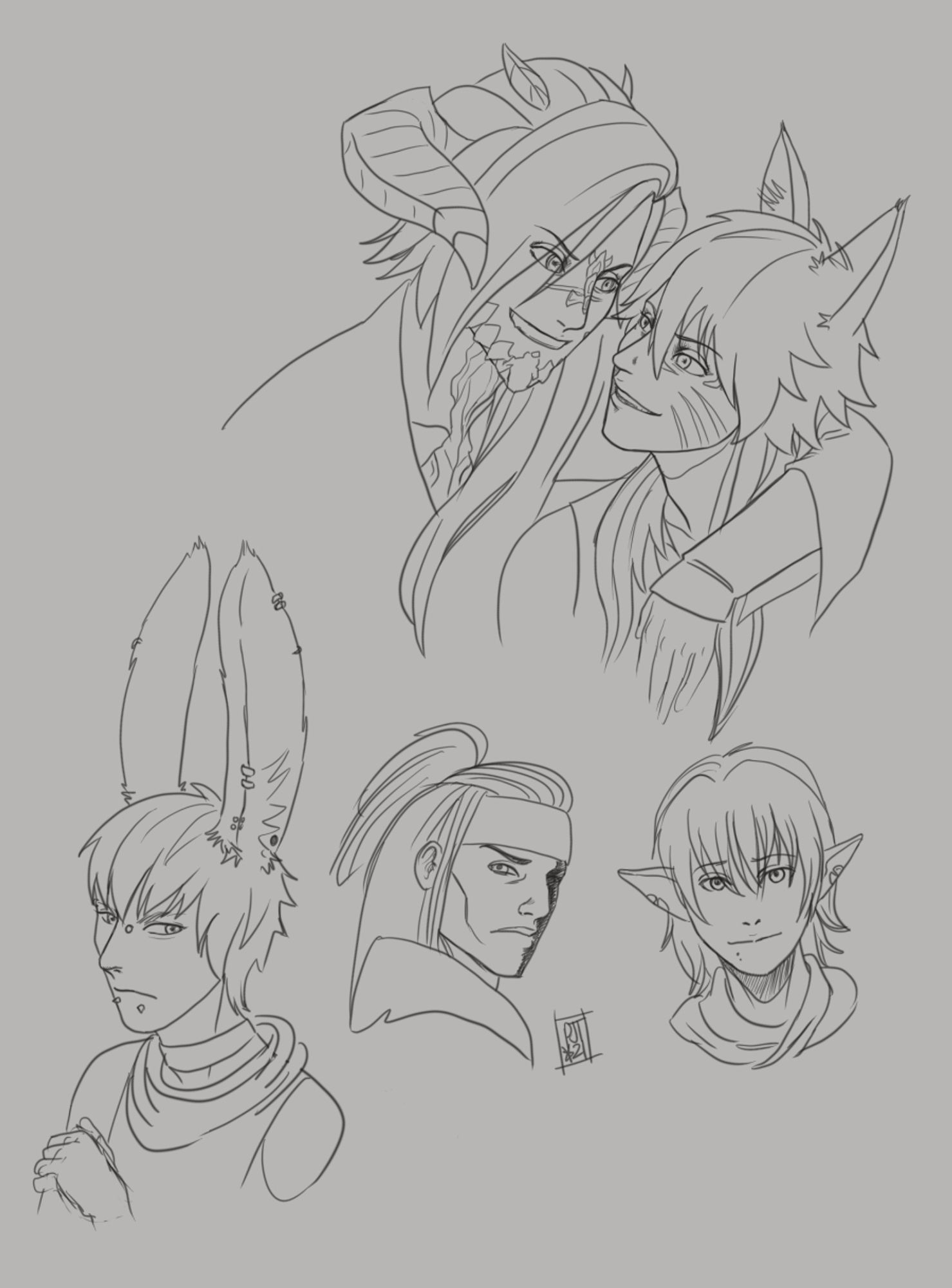 Quick lineart drawings of the main DMMd cast as FFXIV characters. Koujaku is an Au Ra, Aoba is a Miqo'te, Noiz is a Viera, Mink is a Highlander Hyur, and Clear is an Elezen. Koujaku has an arm slung over Aoba's shoulders, and they're grinning at each other, about to go into battle.