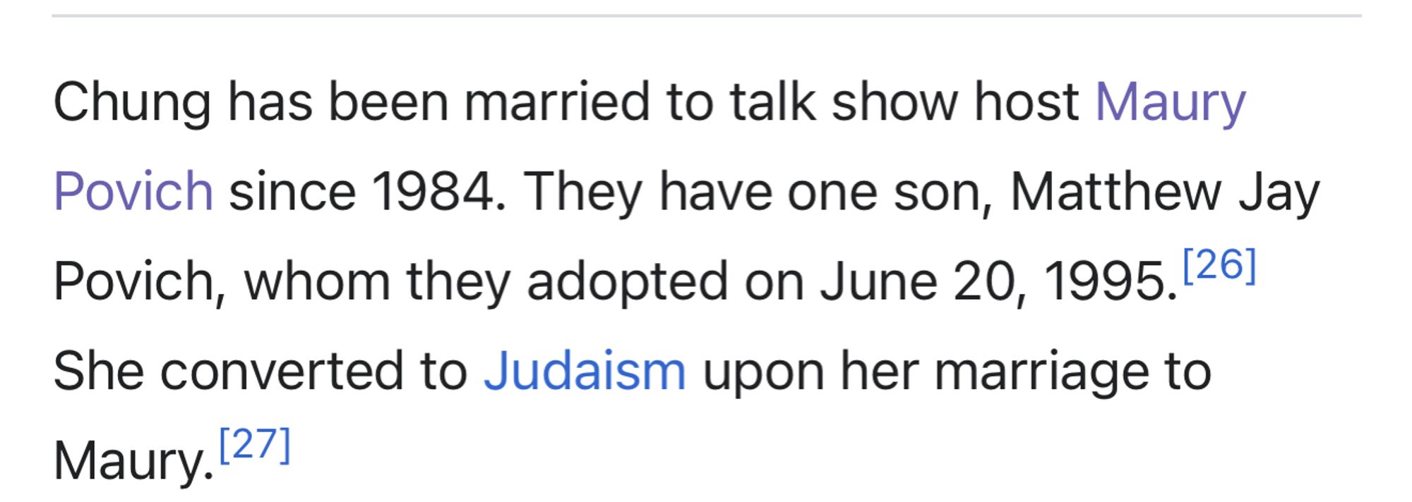 Wikipedia excerpt from Connie Chung’s entry stating she had been married to Maury Povich since 1984.