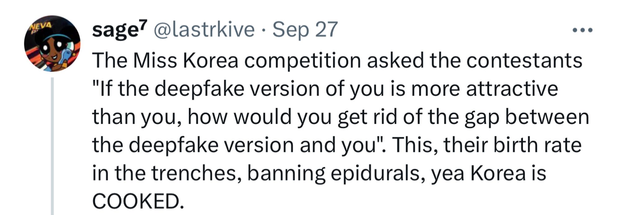 The Miss Korea competition asked the contestants “if the deepfake version of you is more attractive than you, how would you get rid of the gap between the deepfake version and you.”