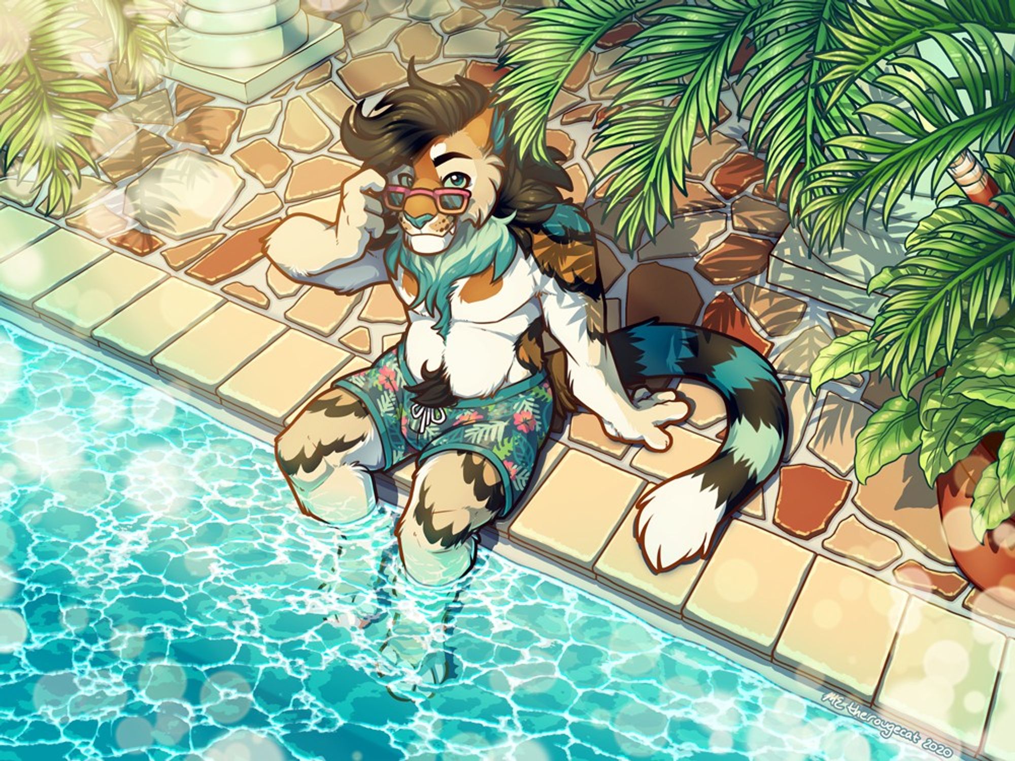 A digital illustration of an anthropomorphic liger character sitting on the sunny ledge of a swimming pool. He is looking up at the viewer from over his sunglasses. The image is bordered by tropical foliage.