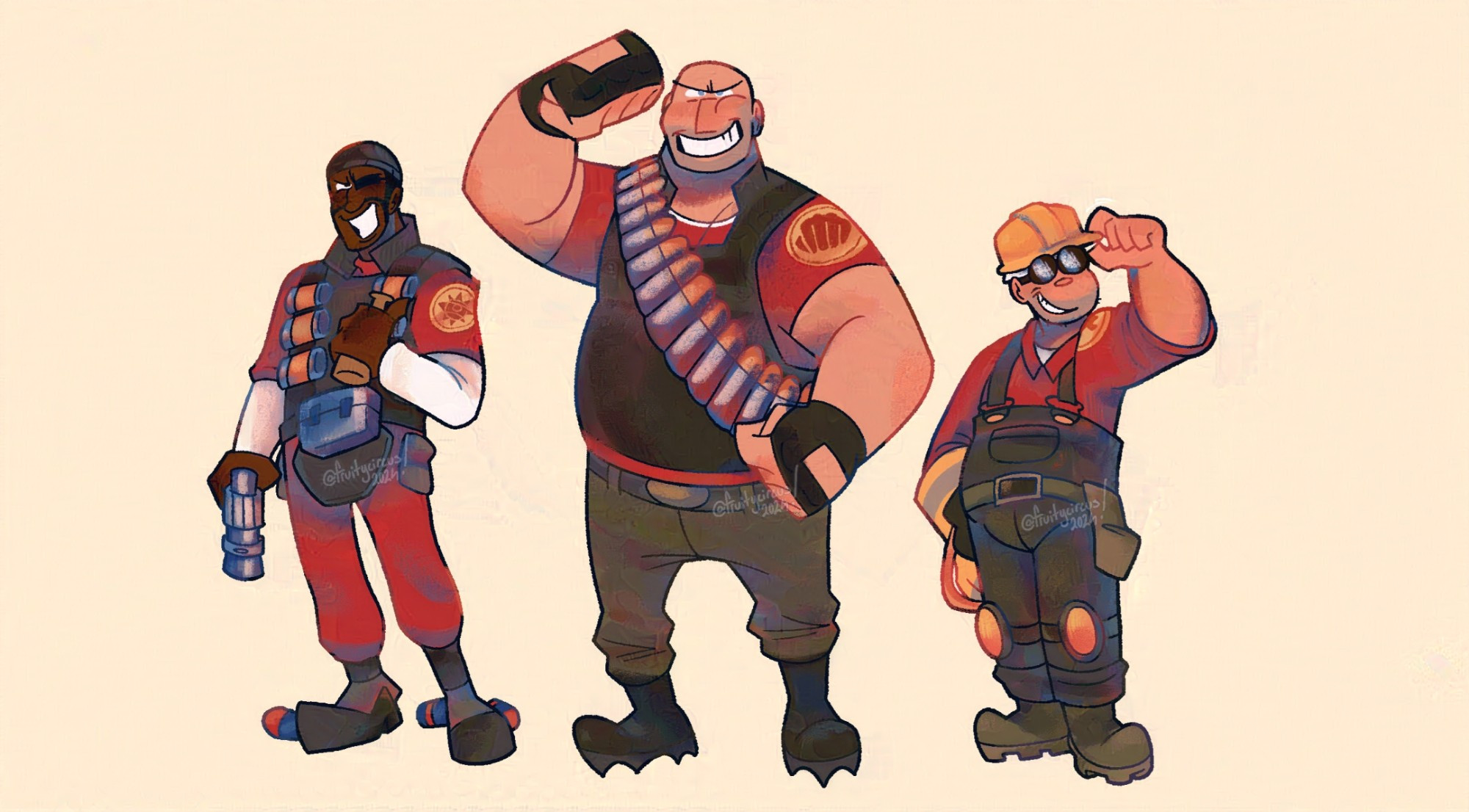 A smaller lineup of the red team defensive mercenaries from Team Fortress 2 in idle standing positions. From left to right, Demoman, Heavy, and Engineer.