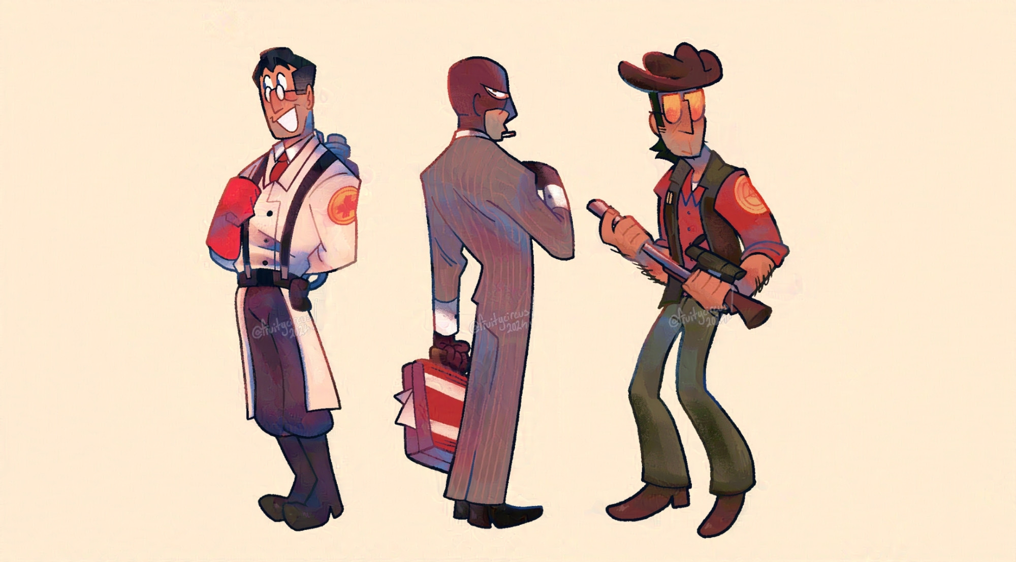 A smaller lineup of the red team support mercenaries from Team Fortress 2 in idle standing positions. From left to right, Medic, Spy, and Sniper.