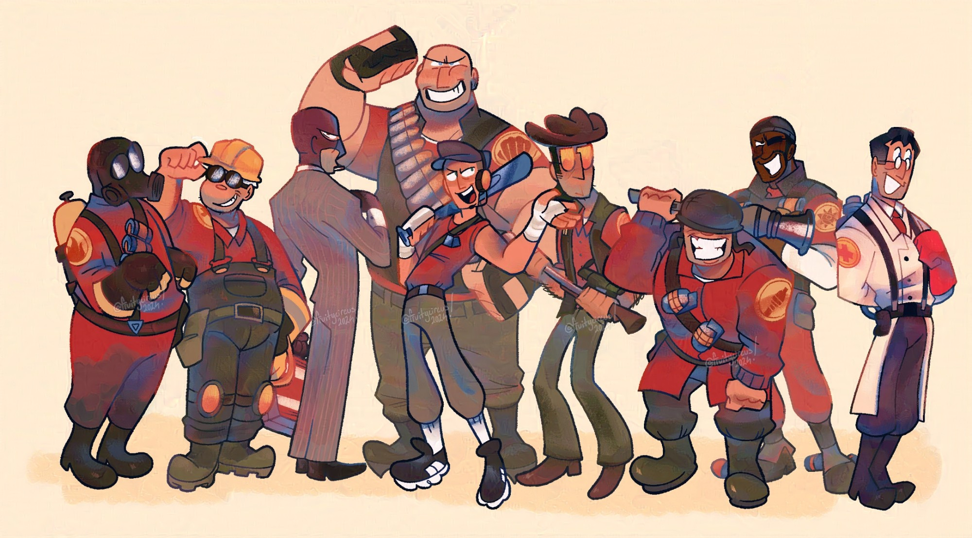 A lineup of the red team mercenaries from Team Fortress 2 in idle standing positions. From left to right, Pyro, Engineer, Spy, Heavy, Scout, Sniper, Soldier, Demoman, and Medic.