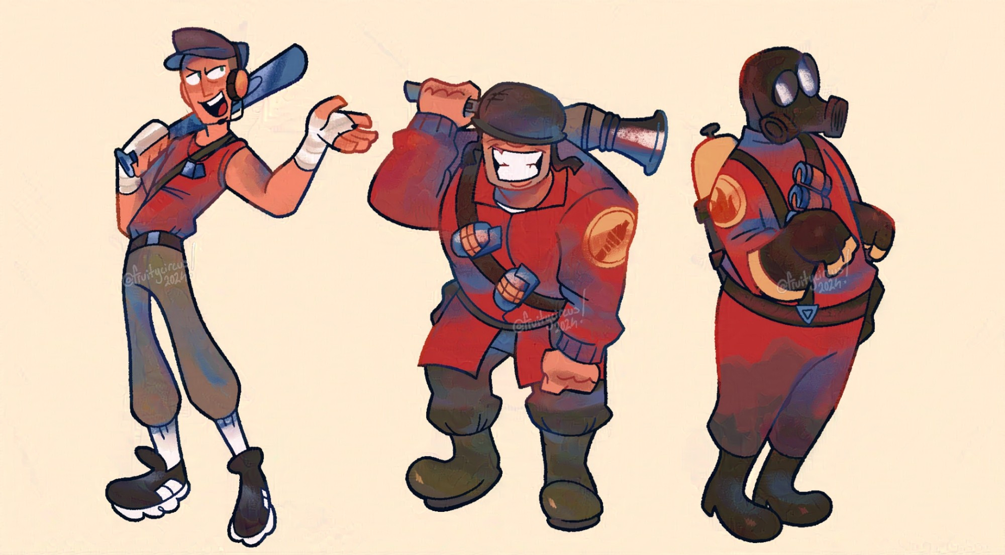 A smaller lineup of the red team offensive mercenaries from Team Fortress 2 in idle standing positions. From left to right, Scout, Soldier, and Pyro.