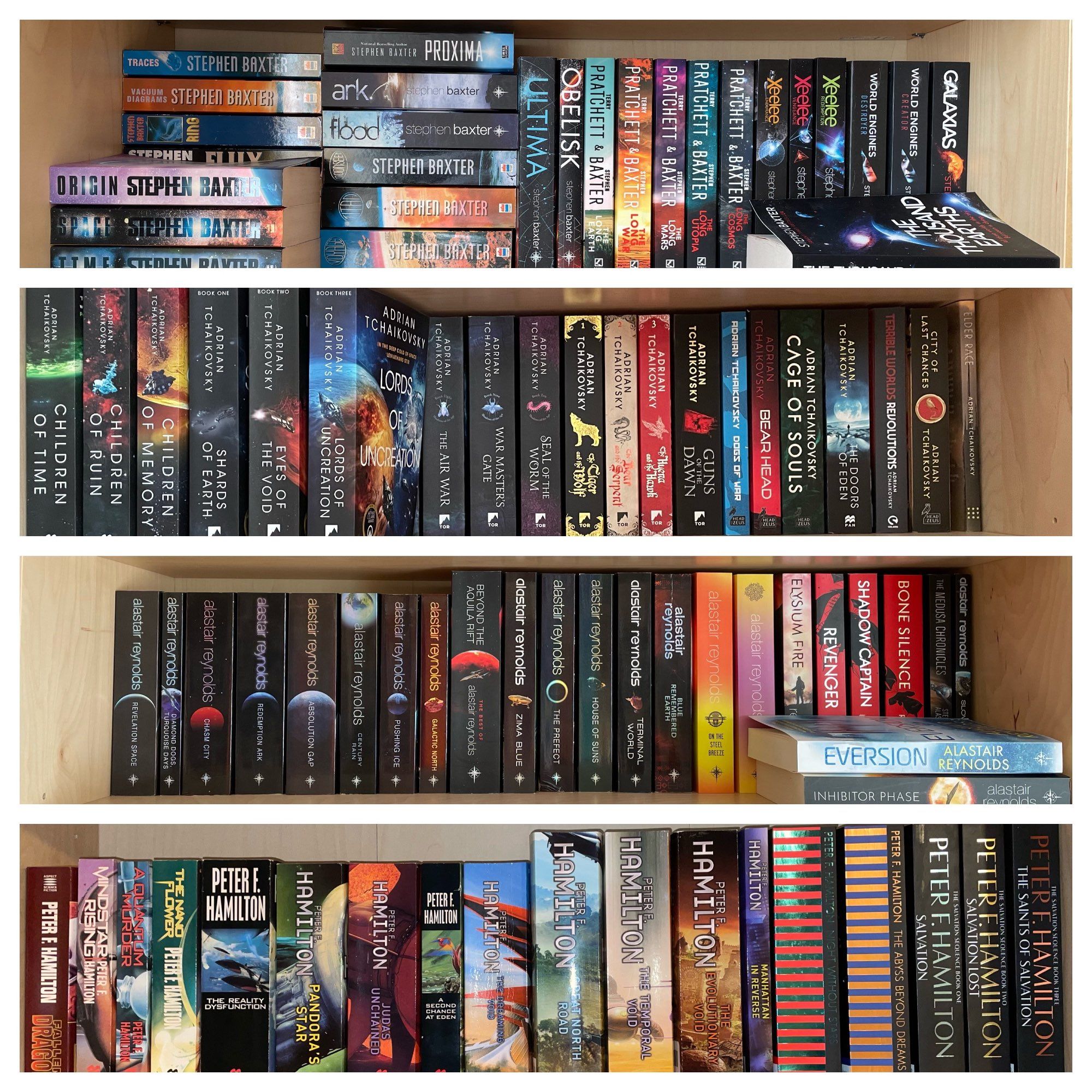 Four shelves filled by Stephen Baxter, Adrian Tchaikovsky, Alastair Reynolds and Peter F. Hamilton.