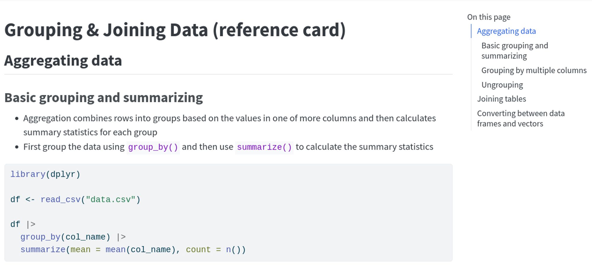 The top of a reference card showing  a bullet point summary followed by a code example. There is quick link based navigation within the page on the right side.