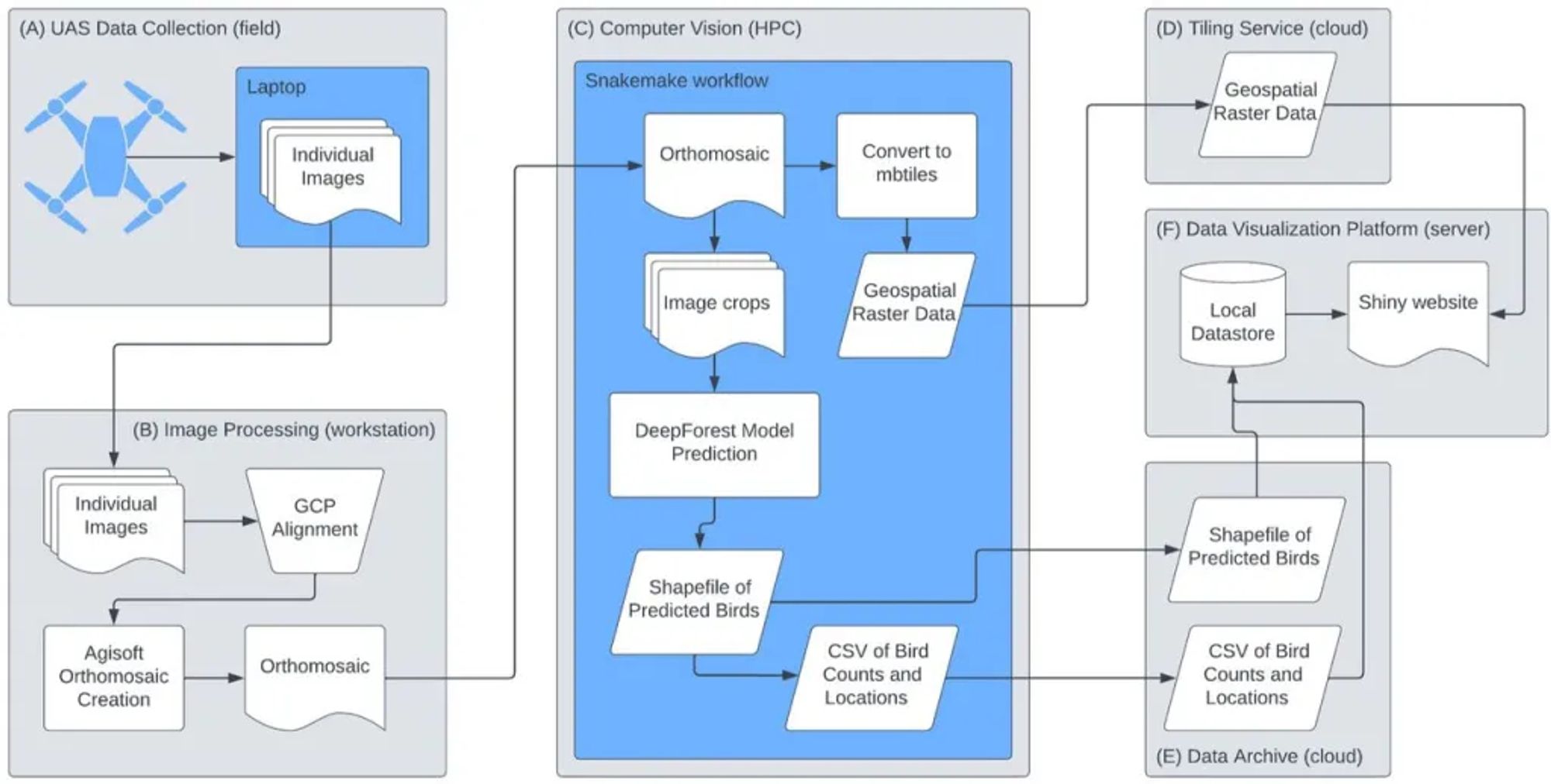 Diagram of workflow showing: 1) imagery moving from drone to laptop and then syncing to a workstation; 2)  ground control point alignment; 3) combine individual drone images into a single orthomosaic; 4) syncing the orthomosaic to the HPC; 5) cropping the ortho into pieces for the model; 6) DeepForest model prediction; 7) output the predictions; archive the predictions and transfer them to a web server for visualization. It also shows: 1) orthomosaic converted to mbtiles and geospatial raster data; 2) syncing this data to a tiling service in the cloud; 3) that data being pull to the data visualization platform.