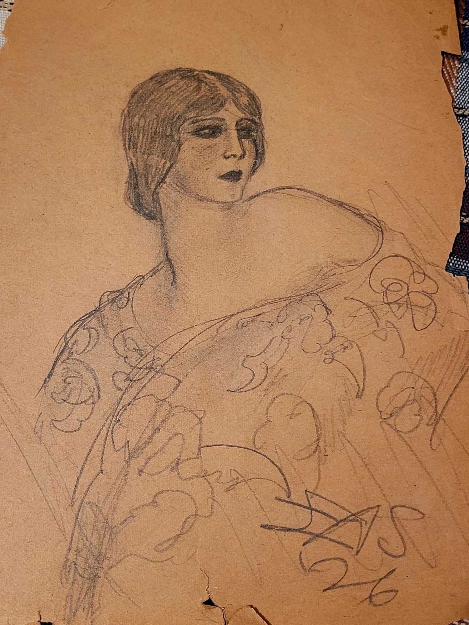 Pencil drawing of a glamorous woman wearing a floral off the shoulder draped garment with hair pulled into a low chignon. Signed "EAS '26" (Eleanor A. Scheumann, 1926).