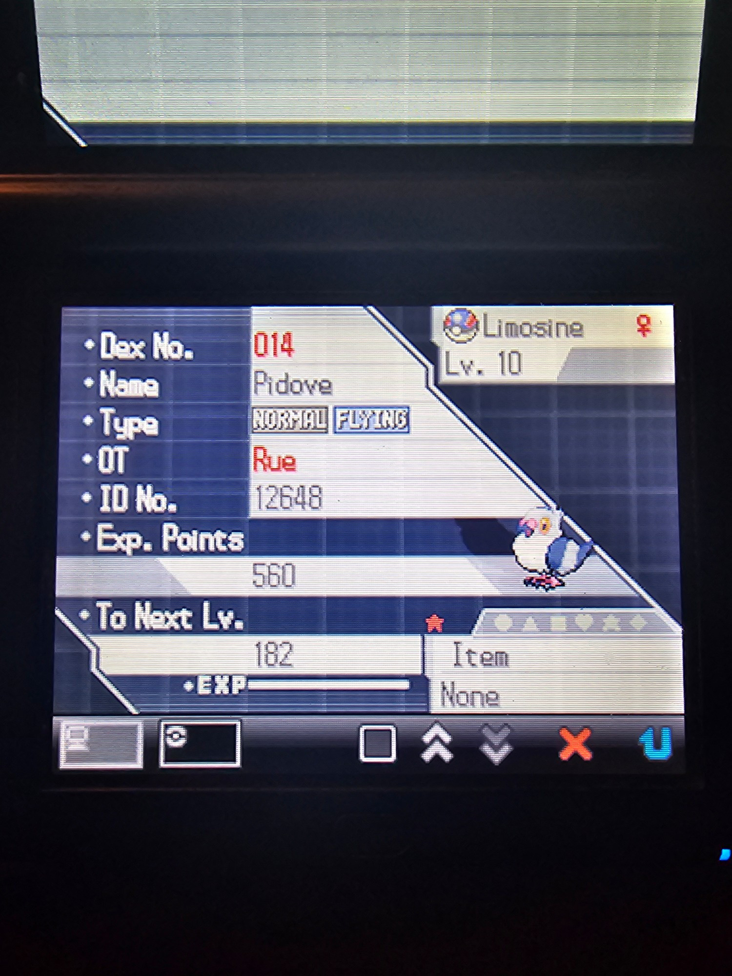 Bio screen of a shiny female Pidove nicknamed Limosine in a generation 5 Pokemon game