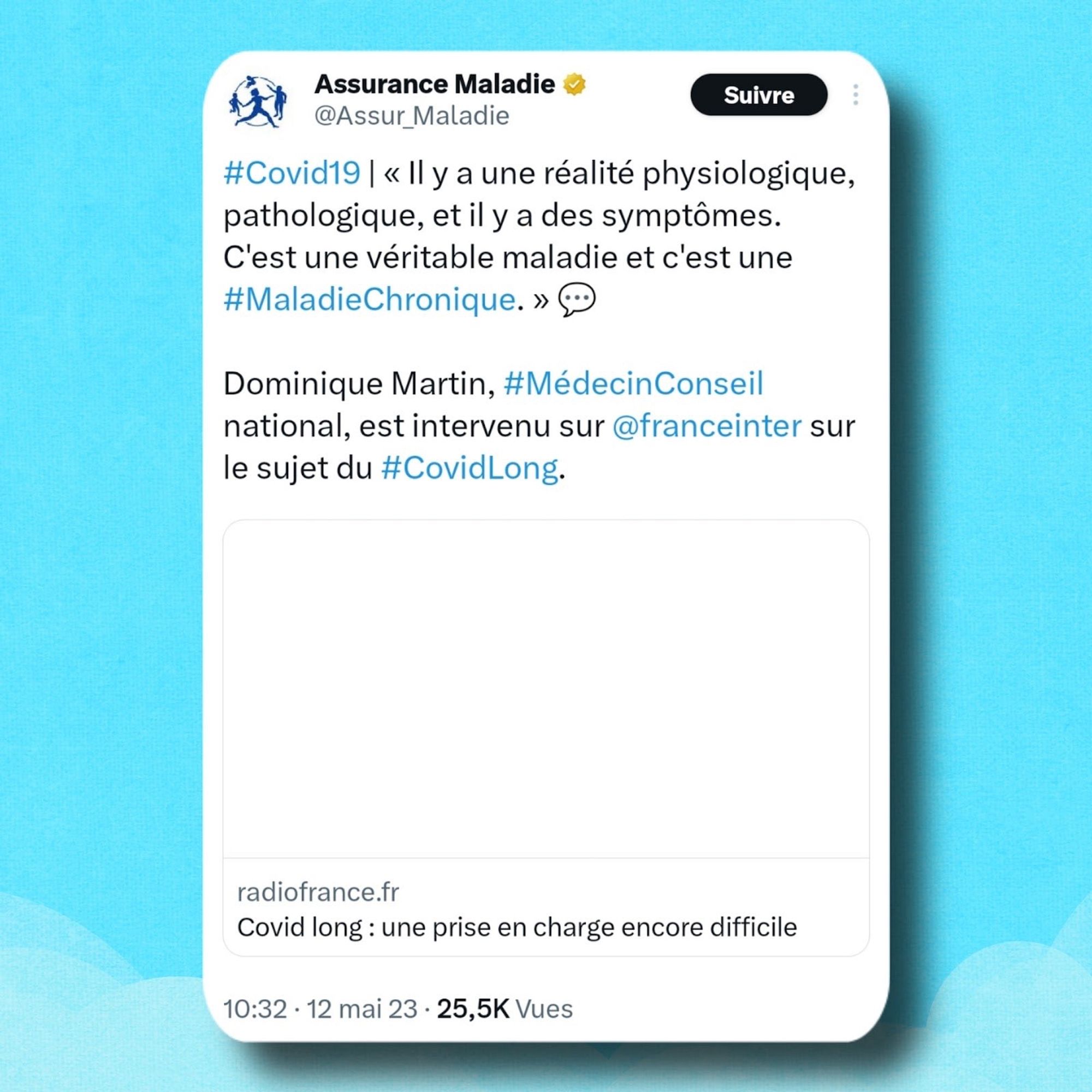 Tweet de l'assurance maladie :
#Covid19 | « Il y a une réalité physiologique, pathologique, et il y a des symptômes.
C'est une véritable maladie et c'est une
#MaladieChronique. » §
Dominique Martin, #MédecinConseil national, est intervenu sur @franceinter sur le sujet du #CovidLong.
Partage de l'article de radio France :
radiofrance.fr
Covid long: une prise en charge encore difficile