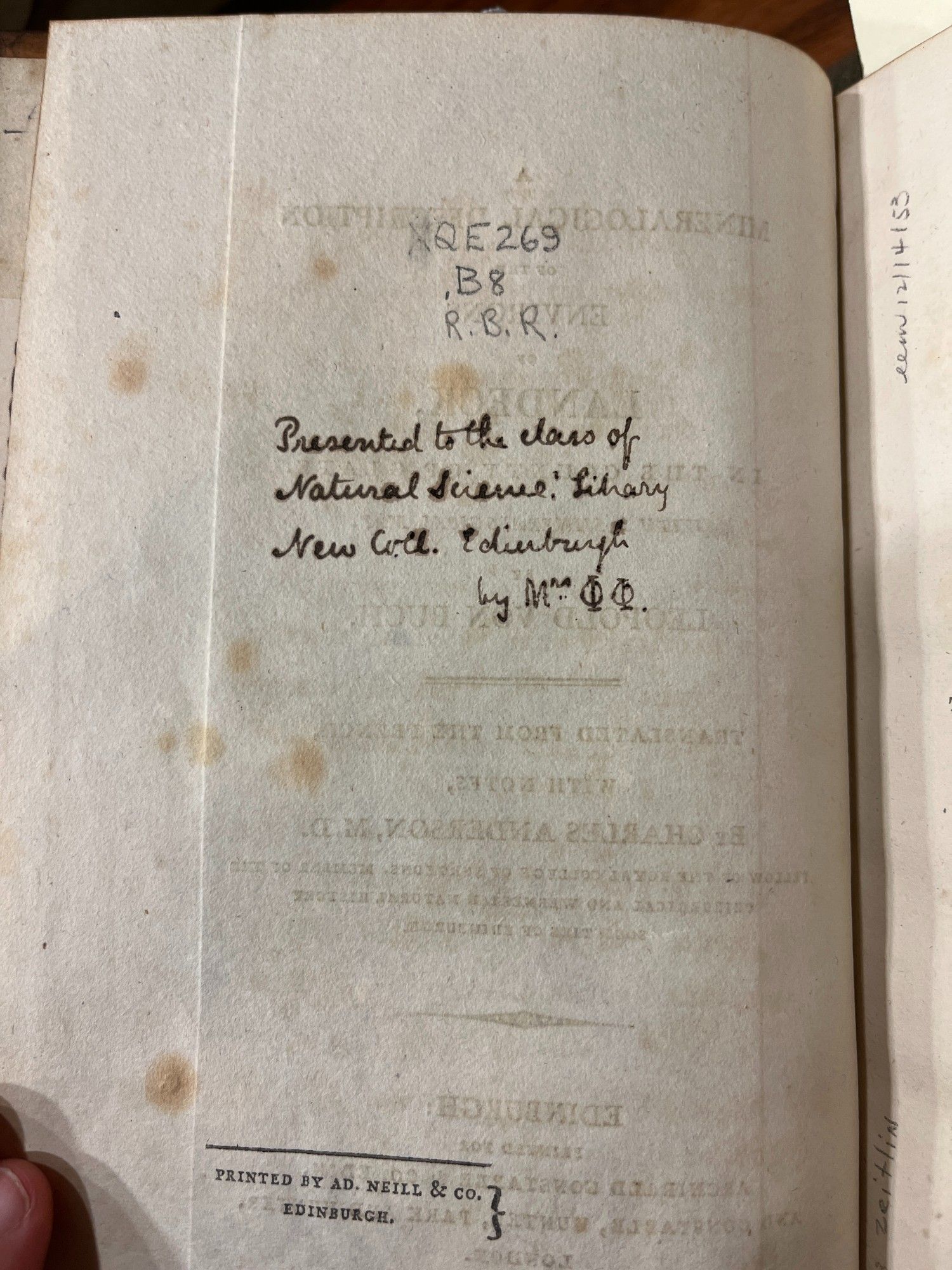 inscription in a book: "Presented to the class of Natural Science. Library New Coll. Edinburgh by Mrs. Φ Φ"