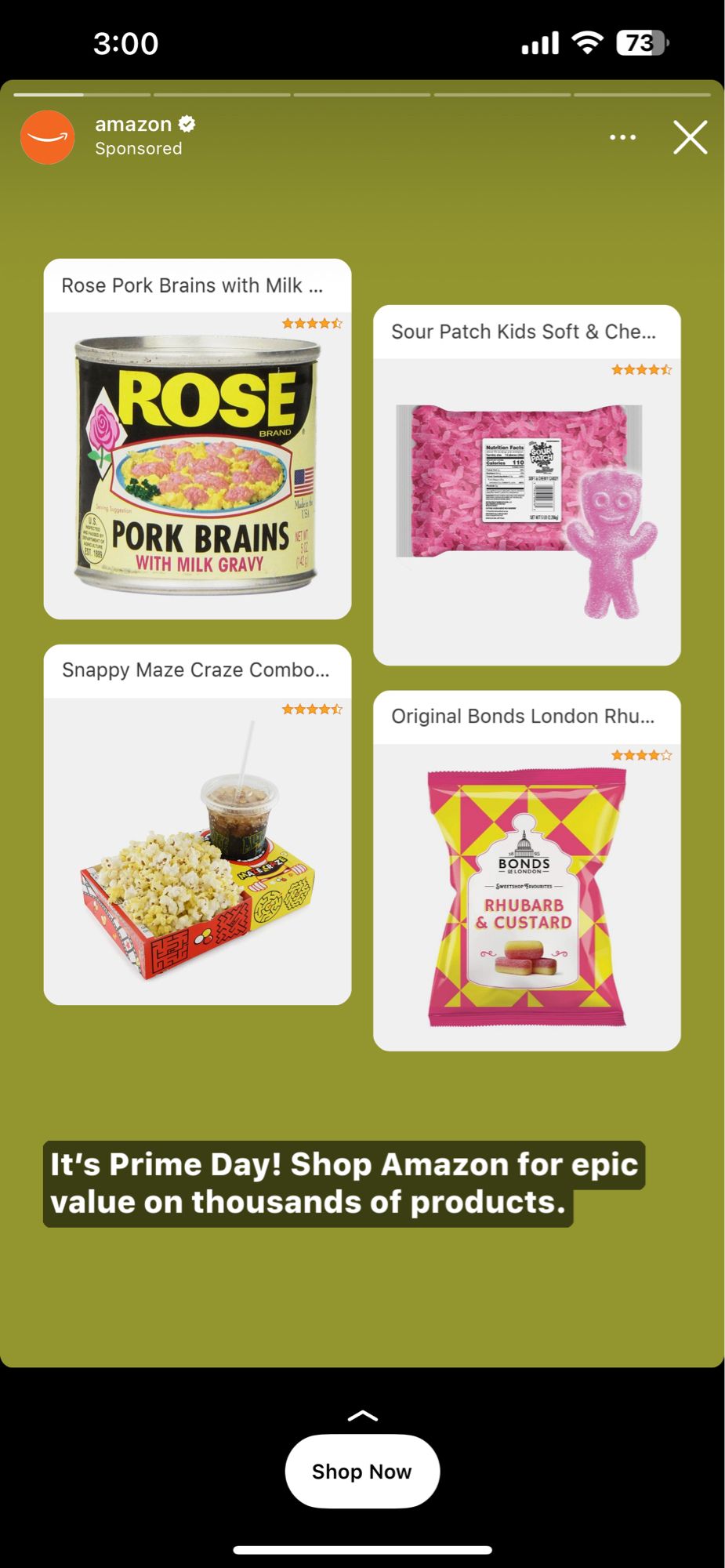 Prime day ad for pork brains, sour patch kids, popcorn, and rhubarb snack