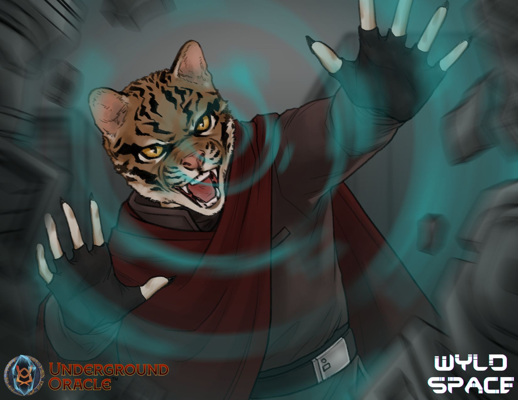 An ocelot wyld (or animal person) from the Underground Oracle Publishing ttrpg setting Wyld Space sending out a burst of kinetic energy toward something unseen. Art by Kendal Gates. 