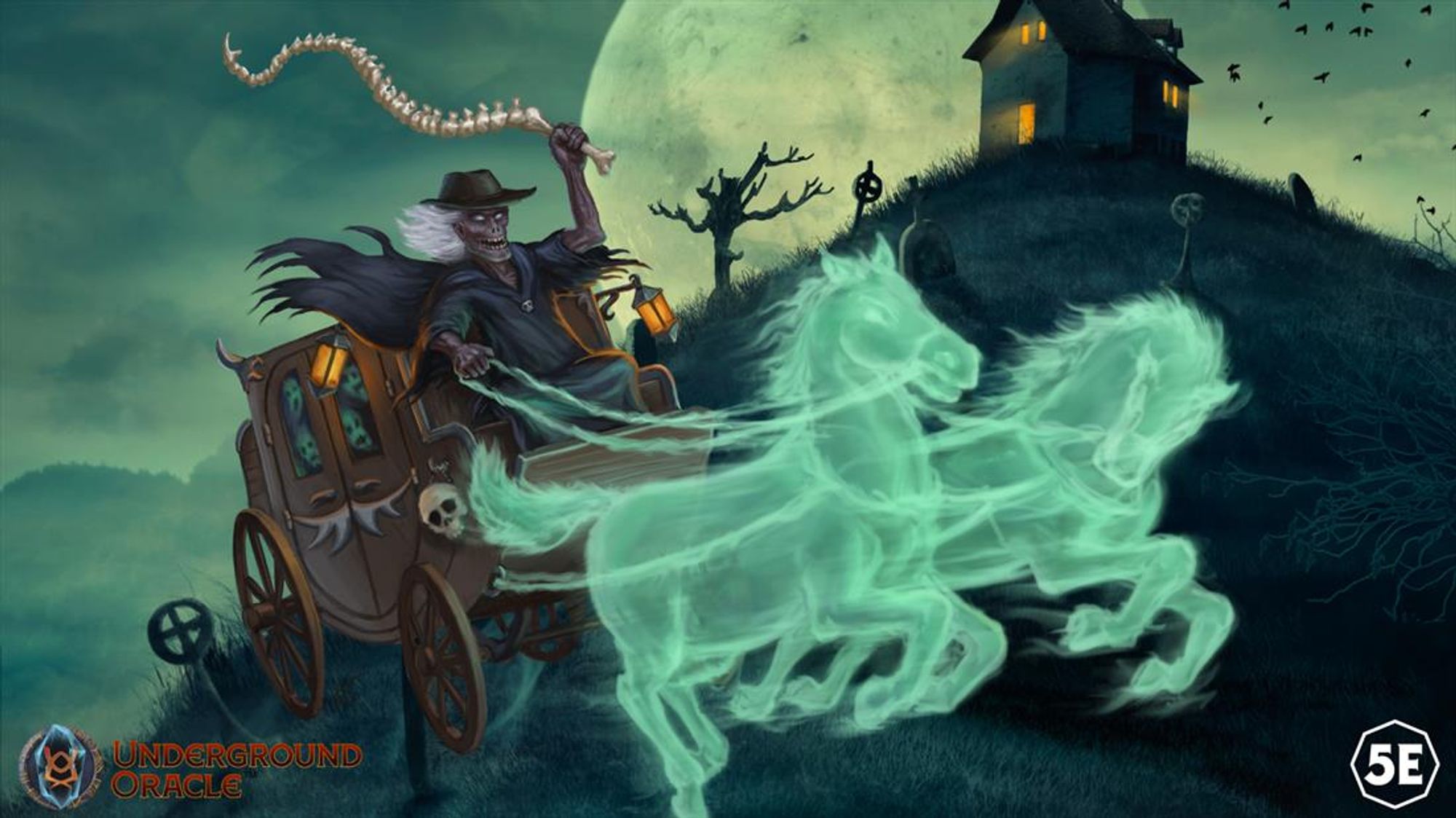 Art from Under the Harvest Moons by Underground Oracle Publishing. It features a ghoulish coachman wielding a bone whip and driving a cart with ghost horses. Art by Alex Pushkarev.