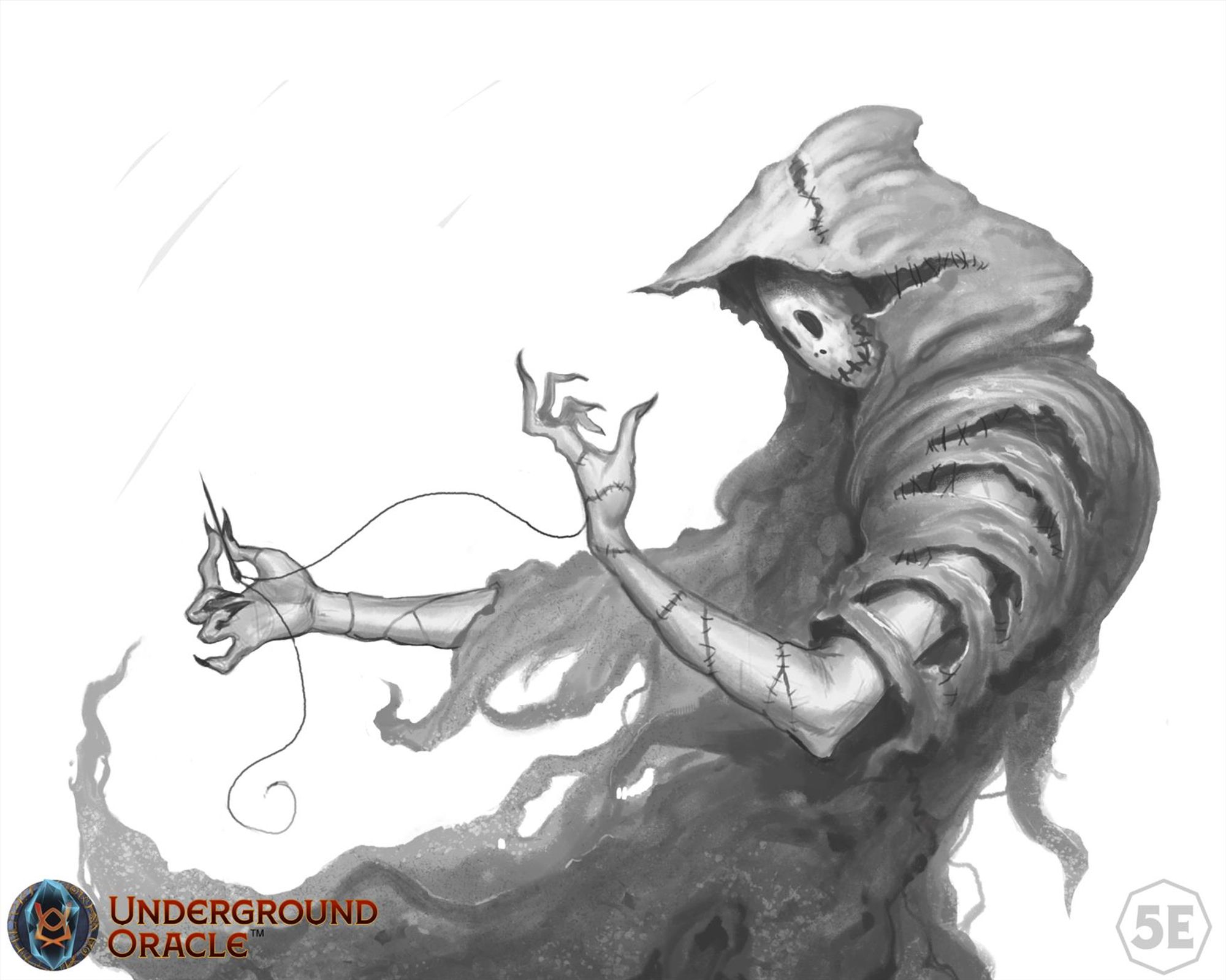 Art from Under the Harvest Moons by Underground Oracle Publishing. It features a cloaked figure wearing a mask and sewing their limb back on. Art by Konstantin G.