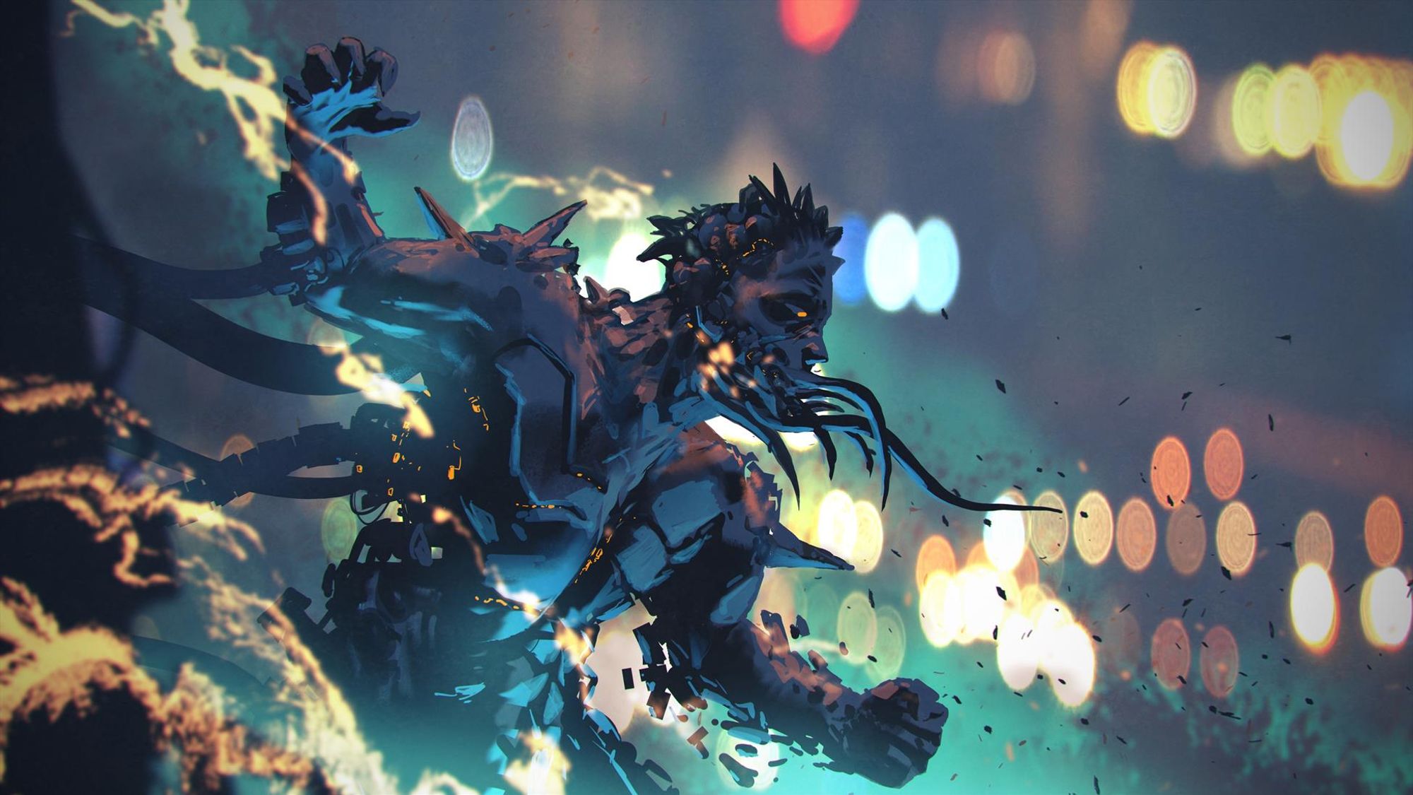 A mechanical superhuman bursting with tentacles. Art by Tithi Luadthong.