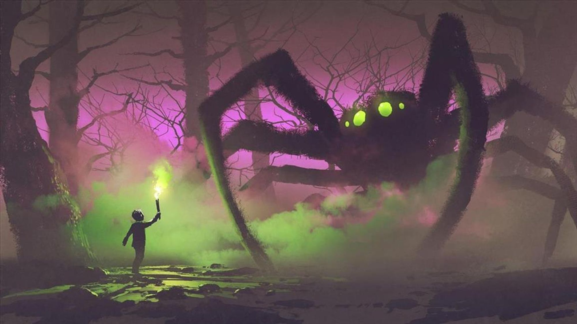 Child with a torch facing a giant spider in a mysterious forest. Art by Tithi Luadthong.