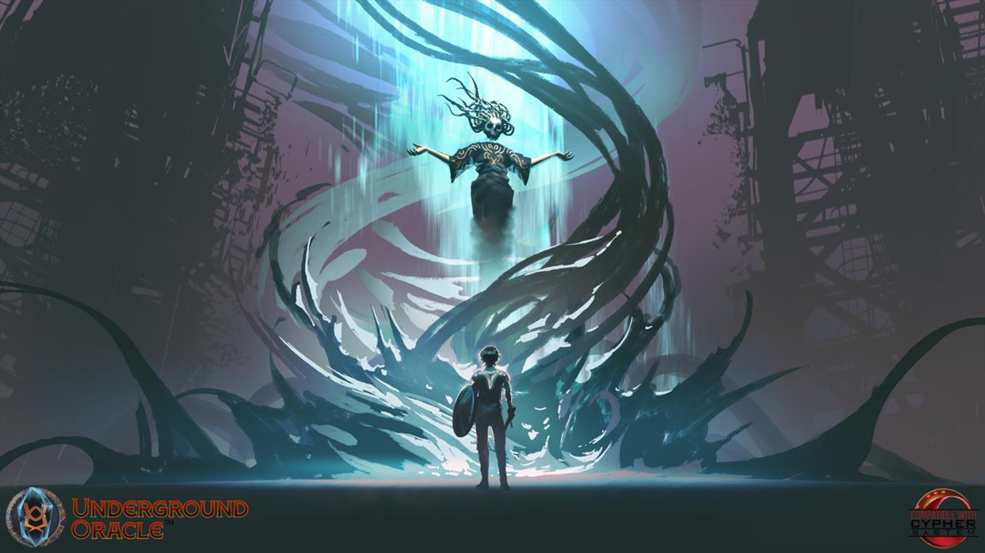 Ad card for the Underground Oracle cypher flavor, dark pact. It features a figure standing before a large skeletal being with shadows surrounding it. Art by Tithi Luadthong. 