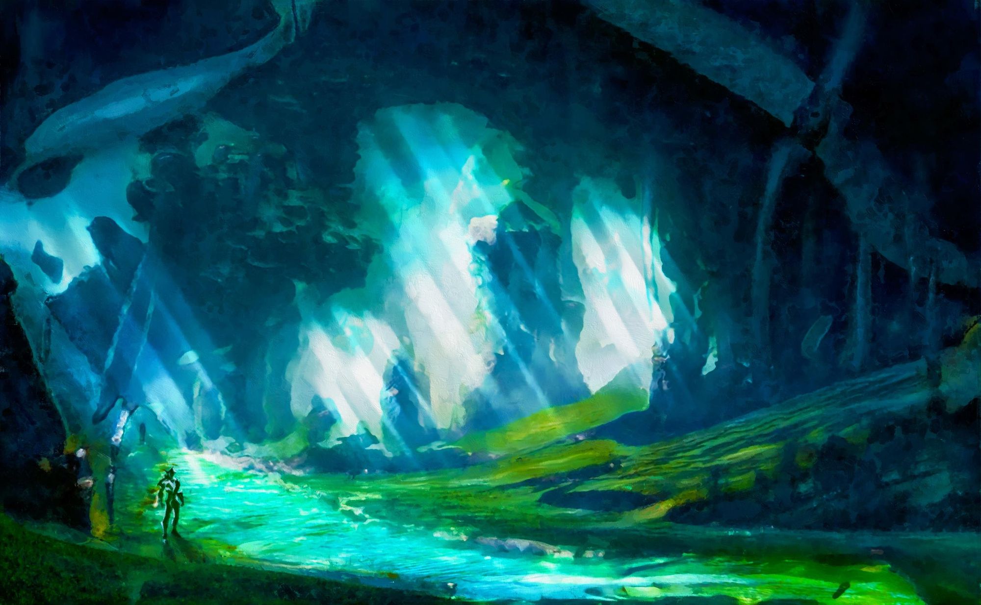 an underground cave containing a fantasy alternate world. Art by Wu Jin Long.