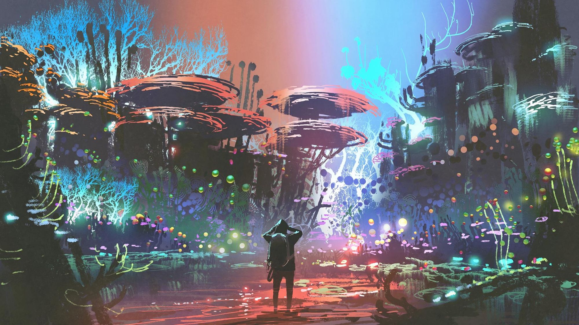 A traveler wanders through a glowing fungal forest. Art by Tithi Luadthong.