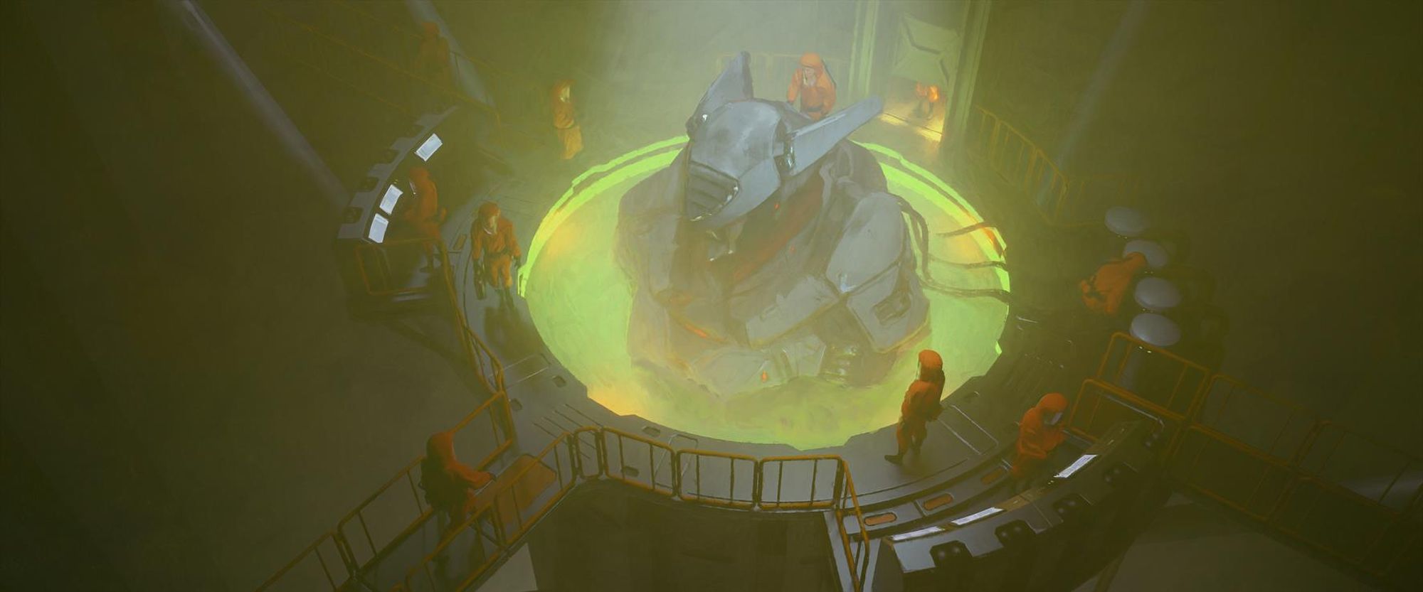 A group of scientists stand around a pool of green fluid staring at a mech partially submerged in the liquid. Art by Roman3dArt.