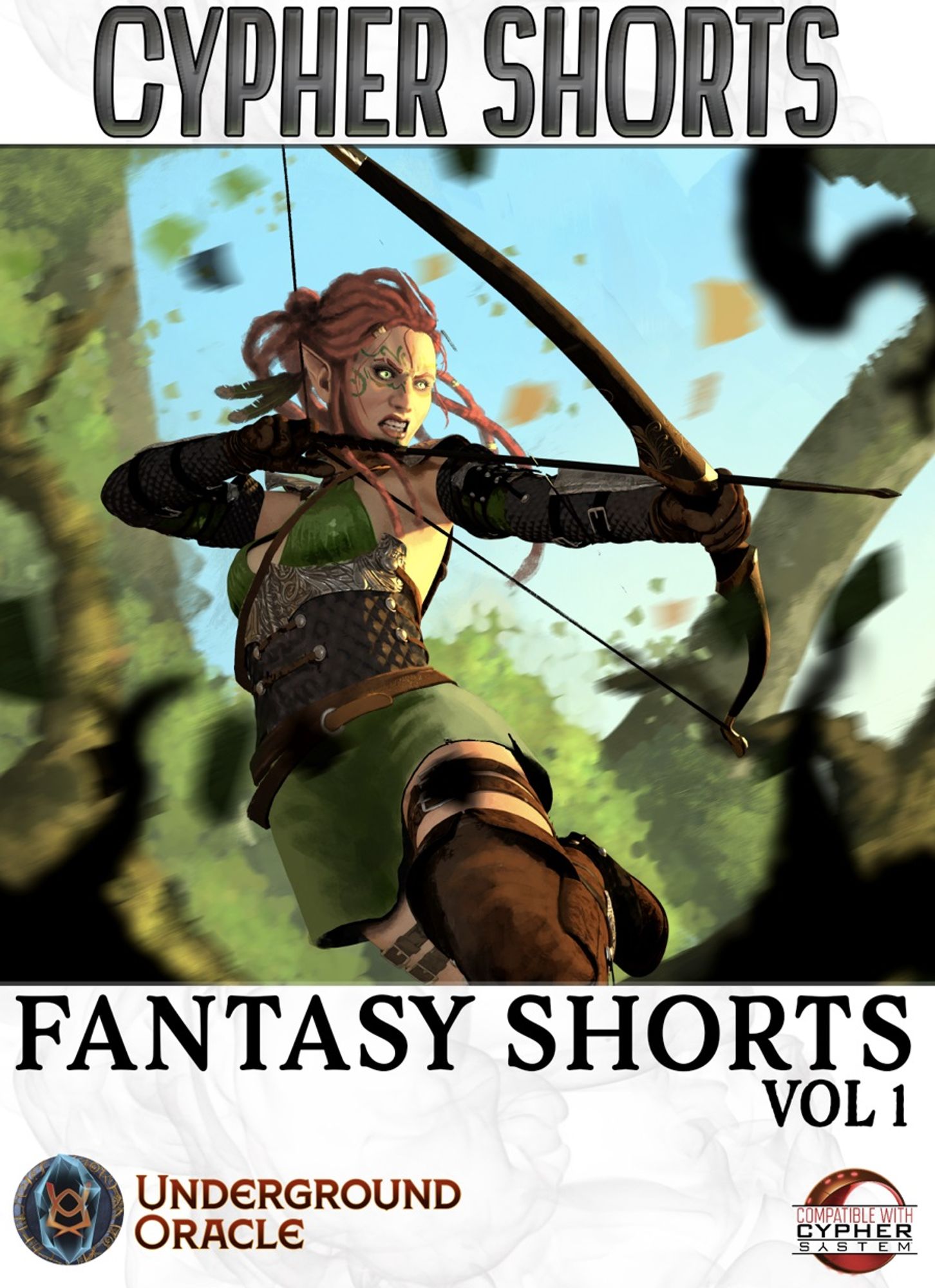 Cover of Cypher Shorts: Fantasy Shorts vol 1 by Underground Oracle Publishing. Features an elven archer drawing her bow and diving out of the way of a burst of attacking vines. Art by Iobard. 