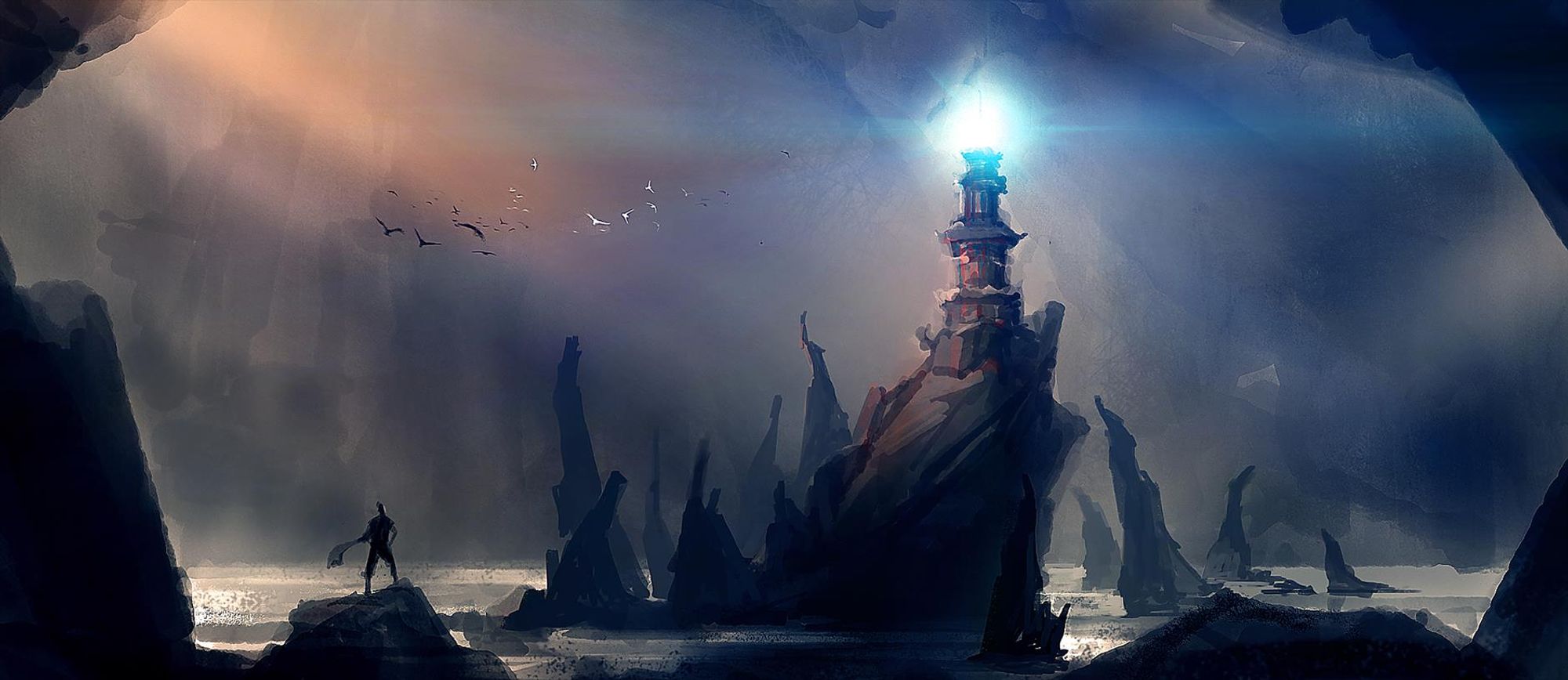 A figure stares at a strange, glowing lighthouse on a rock spire in the distance. Art by Liu zishan.