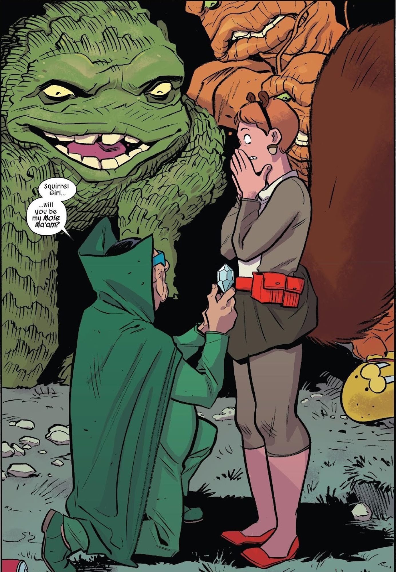 Mole Man proposing to Squirrel Girl in front of two monsters: "Squirrel Girl ... will you be my Mole Ma'am?"