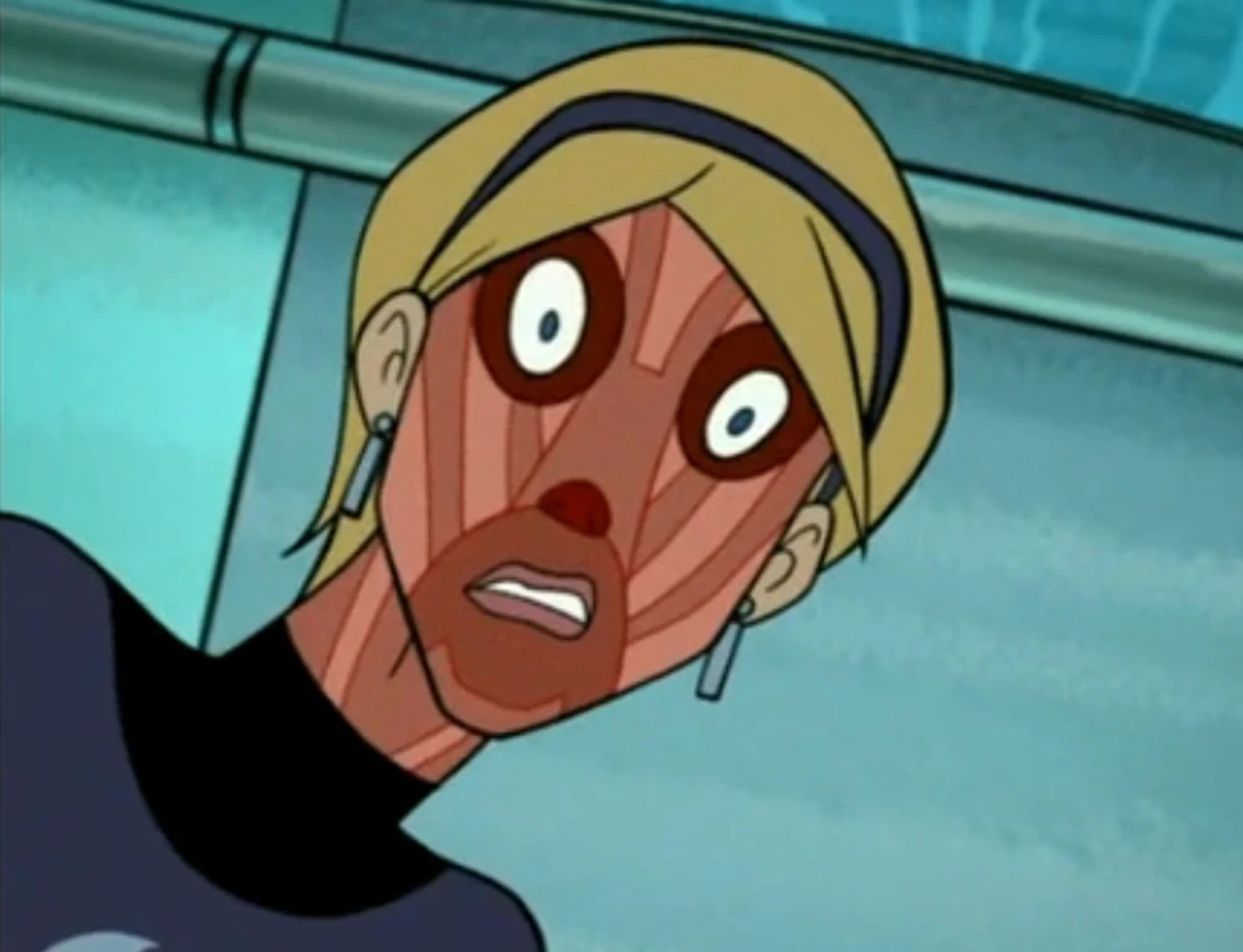 Venture Bros. character Sally Impossible was based on Dr. Susan Storm-Richards, but only her skin could turn invisible. In this still you can see the muscles and stuff under her face.