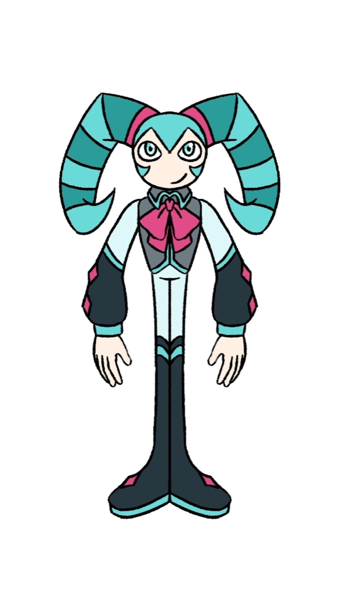 Miku as a character from Nights. The horns are two shades of teal to resemble her pigtails, including hot pink bands around the base of the horns. Her shirt is grey with teal trim. A hot punk bowtie is in front. She has a light teal under armor, with black sleeves near the forearms. The black sleeves have teal trim, along with two hot pink gems on each sleeve. Her boots are black with teal trim at the top and teal soles. The top of her foot includes a hot pink gem on each boot.