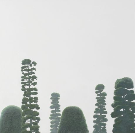 Unknown photographer, H. H. Hunnewell Estate, Wellesley, Massachusetts — color photo. Topiary treetops in the fog. The dark green is barely perceptible in the haze.